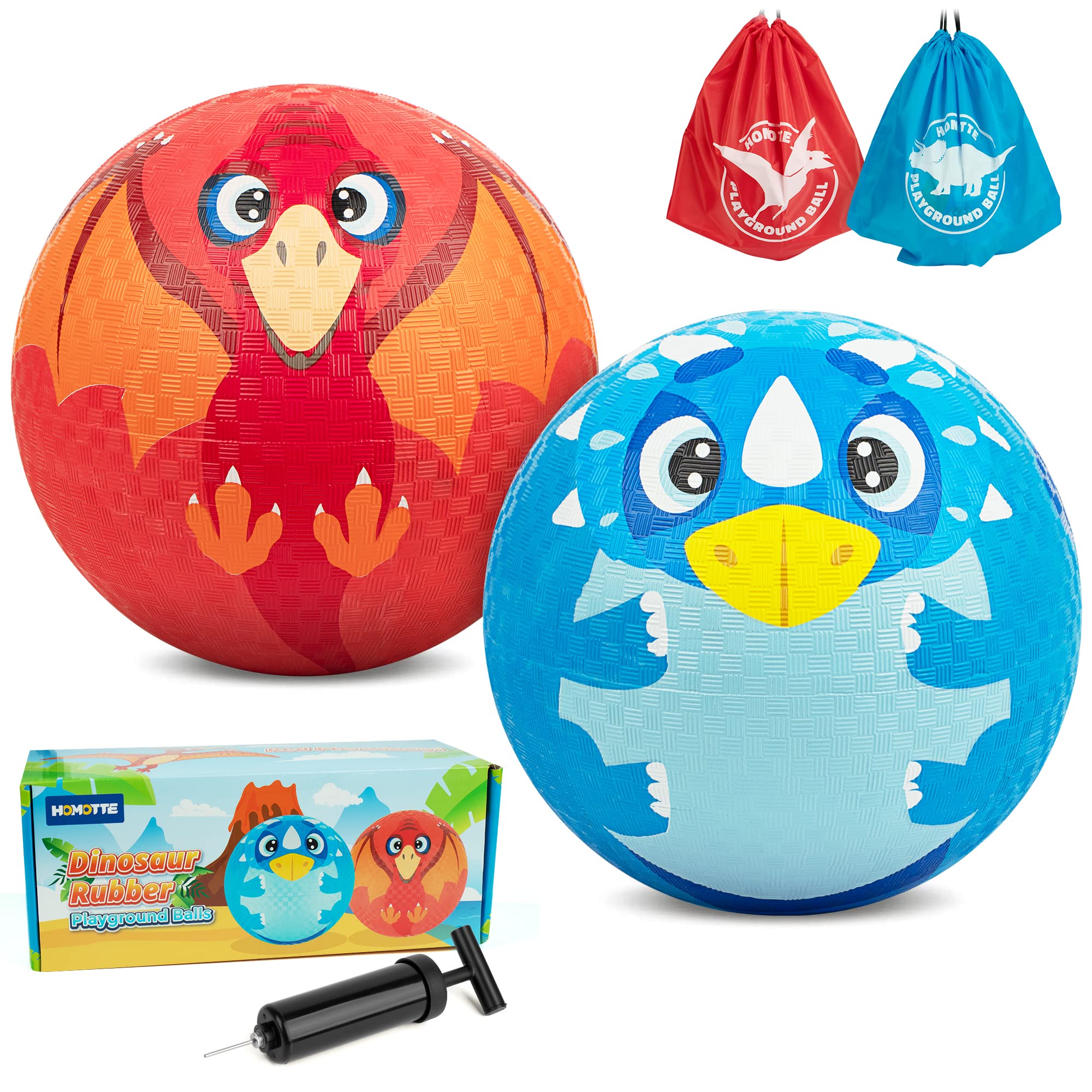 2Pcs Dinosaur Rubber Balls - 8.5 Inch Kickballs & Dodge Balls for Kids Ages 4-12 | Includes Pump & Drawstring Bags (Blue Triceratops + Red Pterosaur) | Perfect for Playground, Backyard, Gym Class & Outdoor Games