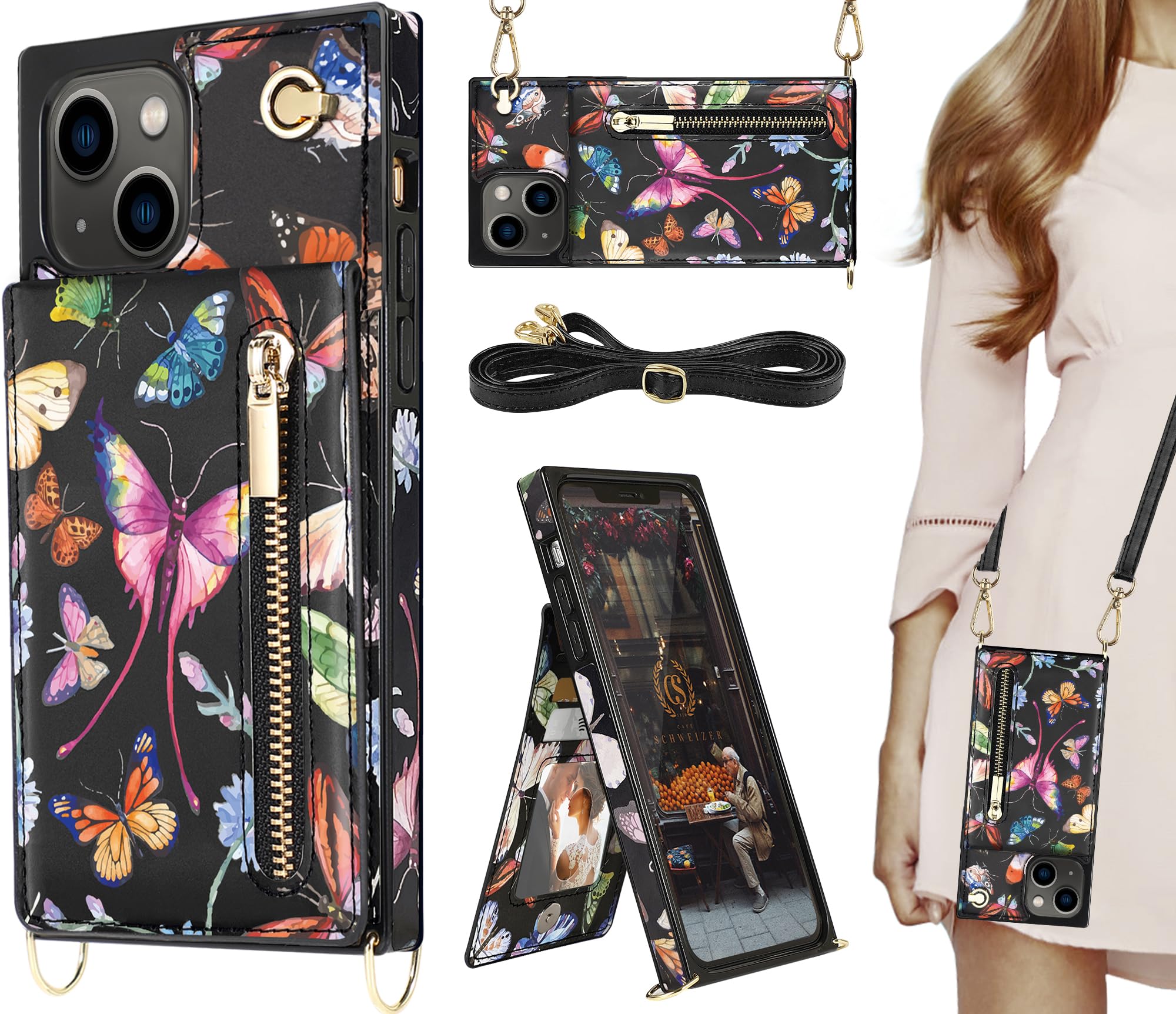 Floral Leather Crossbody Phone Case for iPhone 13 with Card Holder & Kickstand - Cute Wallet Case with Strap, Zipper Purse & Protective Cover for Women (Butterfly Design) - Perfect for Travel, Shopping & Everyday Use