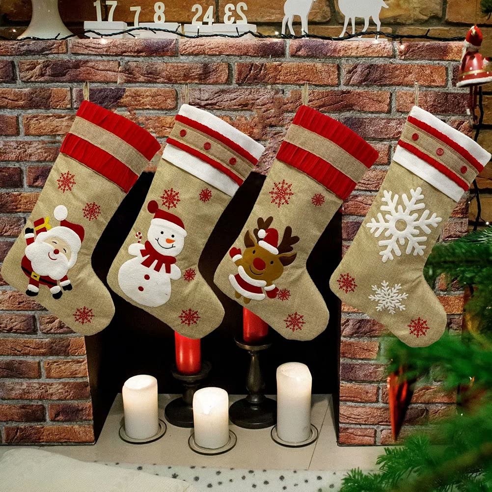 19 Inch Kerio Christmas Large Stocking - Santa Snowman Elk Snowflake Design | Fireplace Hanging Stockings | Holiday Gift Linen Bag for Family & Party Decorations | Perfect for Christmas Tree, Mantel Decor & Festive Home Decor