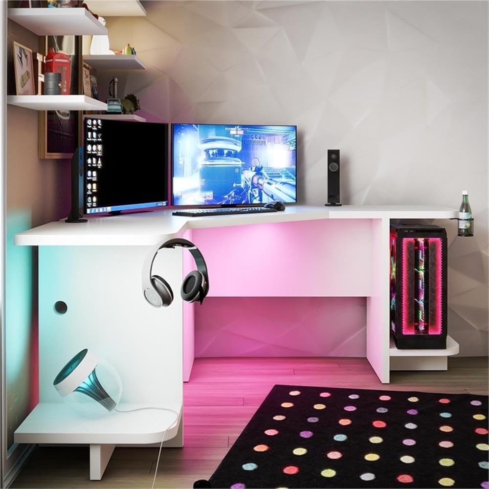 NTENSE Mod Corner Gaming Desk with RGB LED Light Kit - Ergonomic White Computer Desk for PC & Console Gamers - Perfect for Small Spaces & Gaming Setups