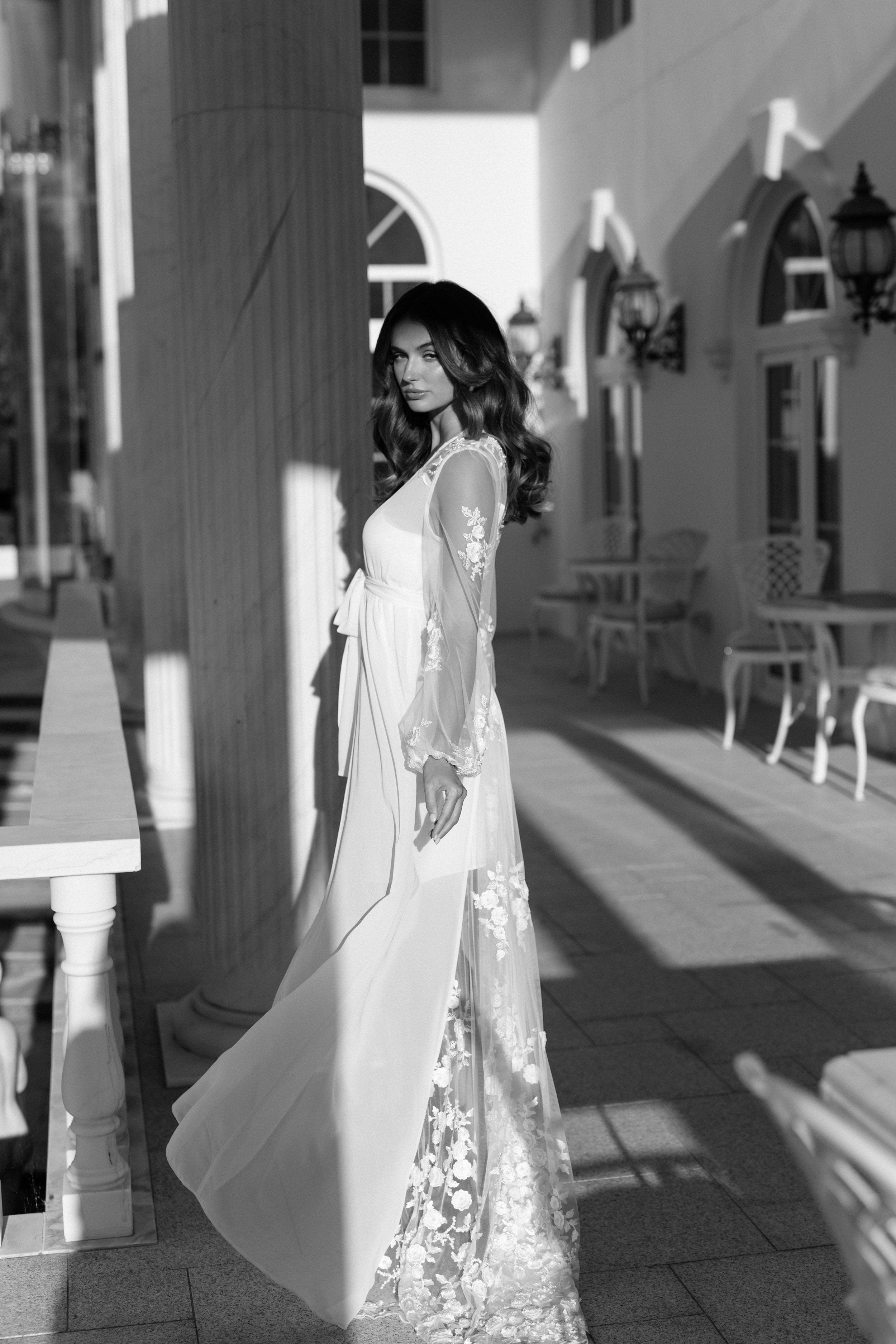 Amara Beaded Floral Lace Maxi Bridal Robe with Train & Slip - Elegant Wedding Gown for Bride, Bridesmaids & Photoshoots | Perfect for Ceremony, Reception & Honeymoon