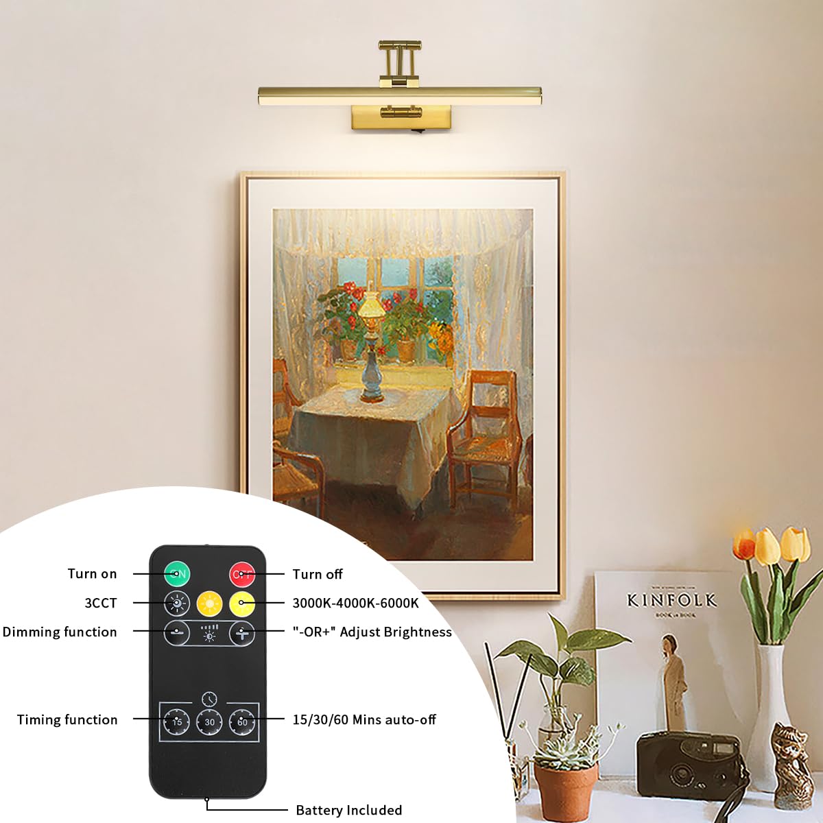 Joossnwell 15.5 Inch Wireless LED Picture Light with Remote - Rechargeable, Dimmable Art Light with Timer for Paintings, Wall Galleries & Libraries | Battery Operated Brass Gallery Lighting for Home Décor & Art Display