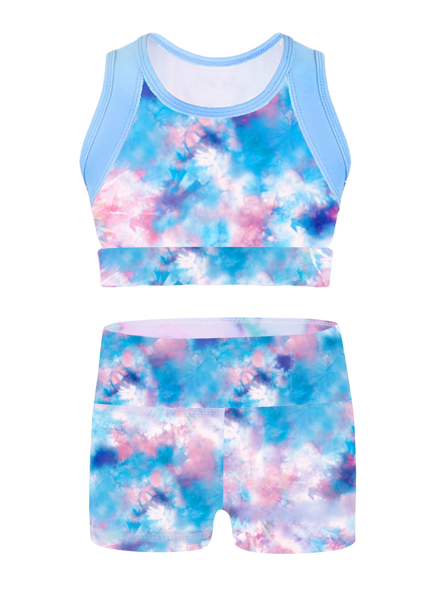 Hansber Girls' 2-Piece Tie-Dye Gymnastics Outfit - Crop Top & Boyshorts Set for Dance, Swim & Sports | Perfect for Gymnastics Practice, Beach Wear & Dance Classes