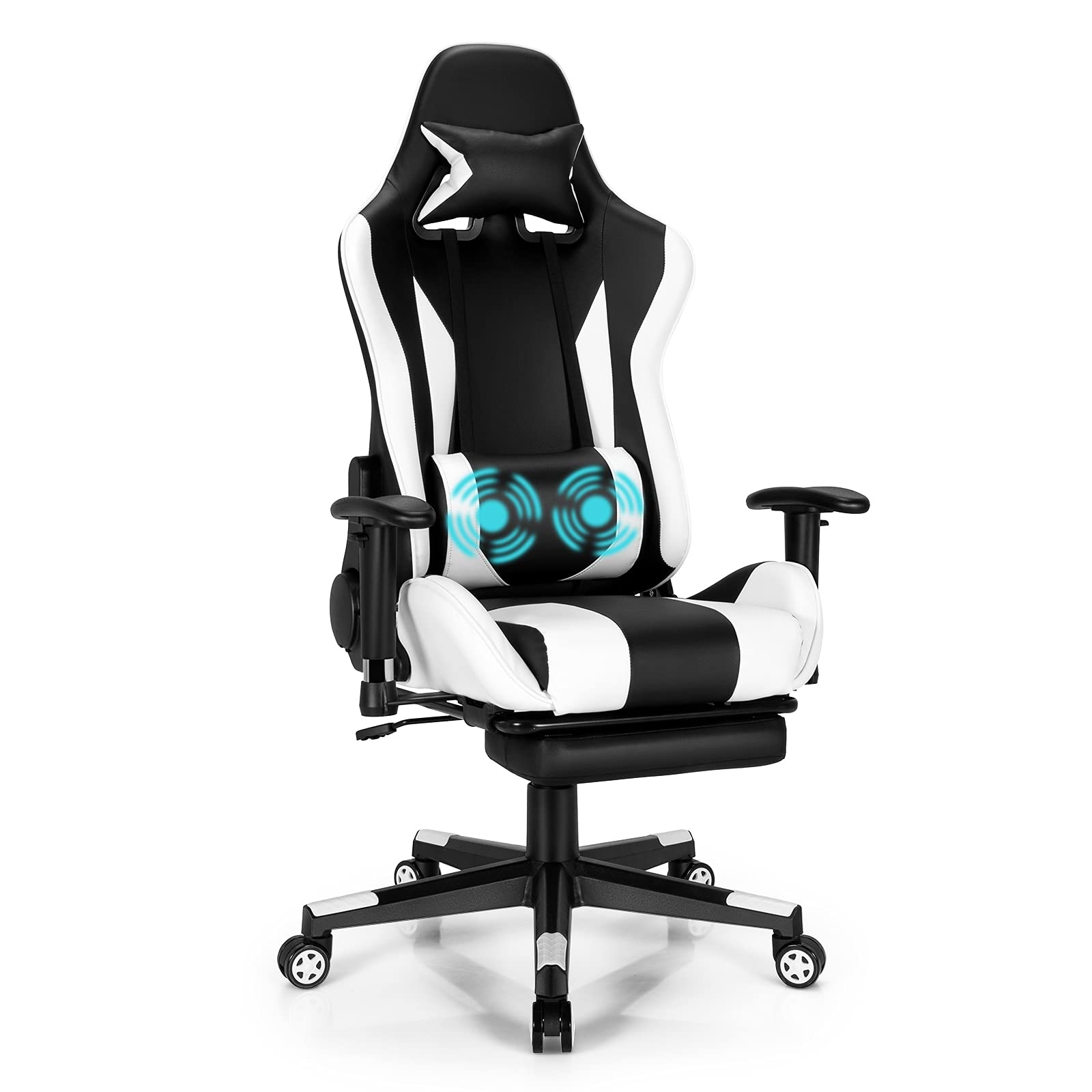 Giantex Ergonomic Gaming Chair with USB Massage - High Back Adjustable Racing Chair with Lumbar Support, Headrest & Footrest - Perfect for Office, Computer Work & Video Gaming (White & Black)