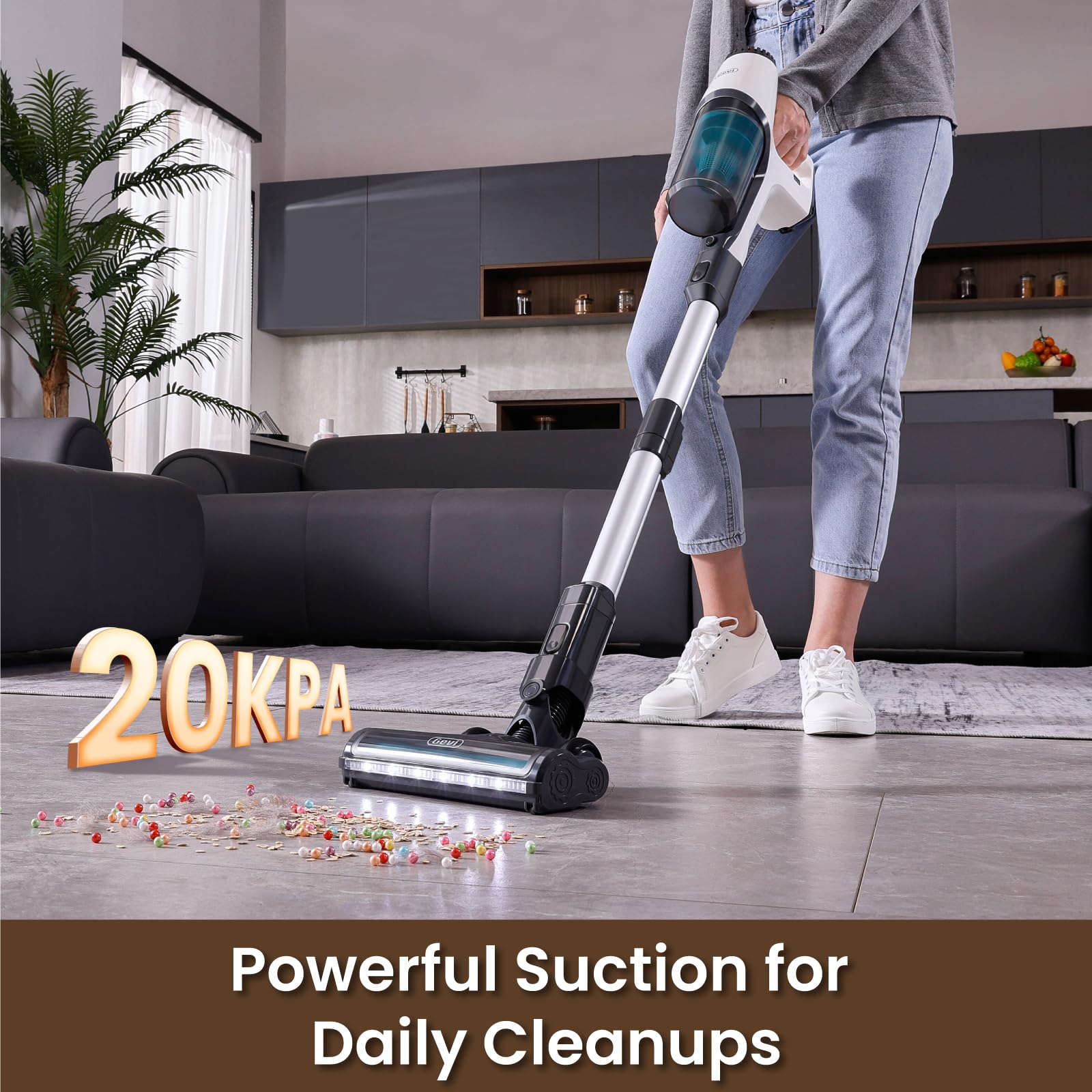 Gevi 20KPa Powerful Cordless Stick Vacuum Cleaner - 6-in-1 Lightweight Vacuum with 45min Runtime for Hard Floors, Carpets & Pet Hair - White | Perfect for Home Cleaning, Pet Owners & Quick Pickups