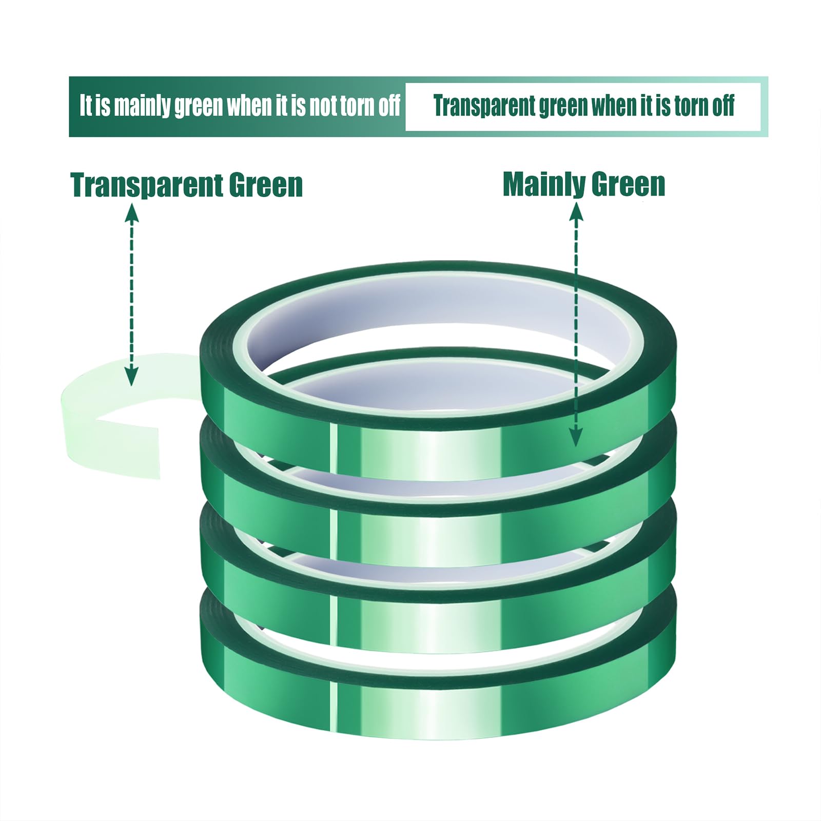 4 Rolls 10mm x 33m (108ft) High Temperature Heat Resistant Tape - Green Heat Transfer Tape for Sublimation Press, Vinyl, No Residue - Perfect for T-Shirt Printing, DIY Crafts and Heat Press Projects