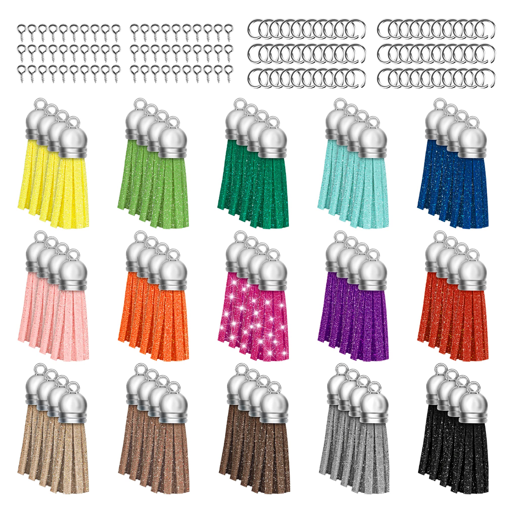 180pcs Glitter Keychain Tassels Bulk Set - 60pcs Key Chain Tassels, 60pcs Jump Rings, 60pcs Screw Eye Pins for DIY Jewelry Making, Craft Supplies & Keychain Accessories - Perfect for DIY Projects, Gift Making & Handmade Decorations