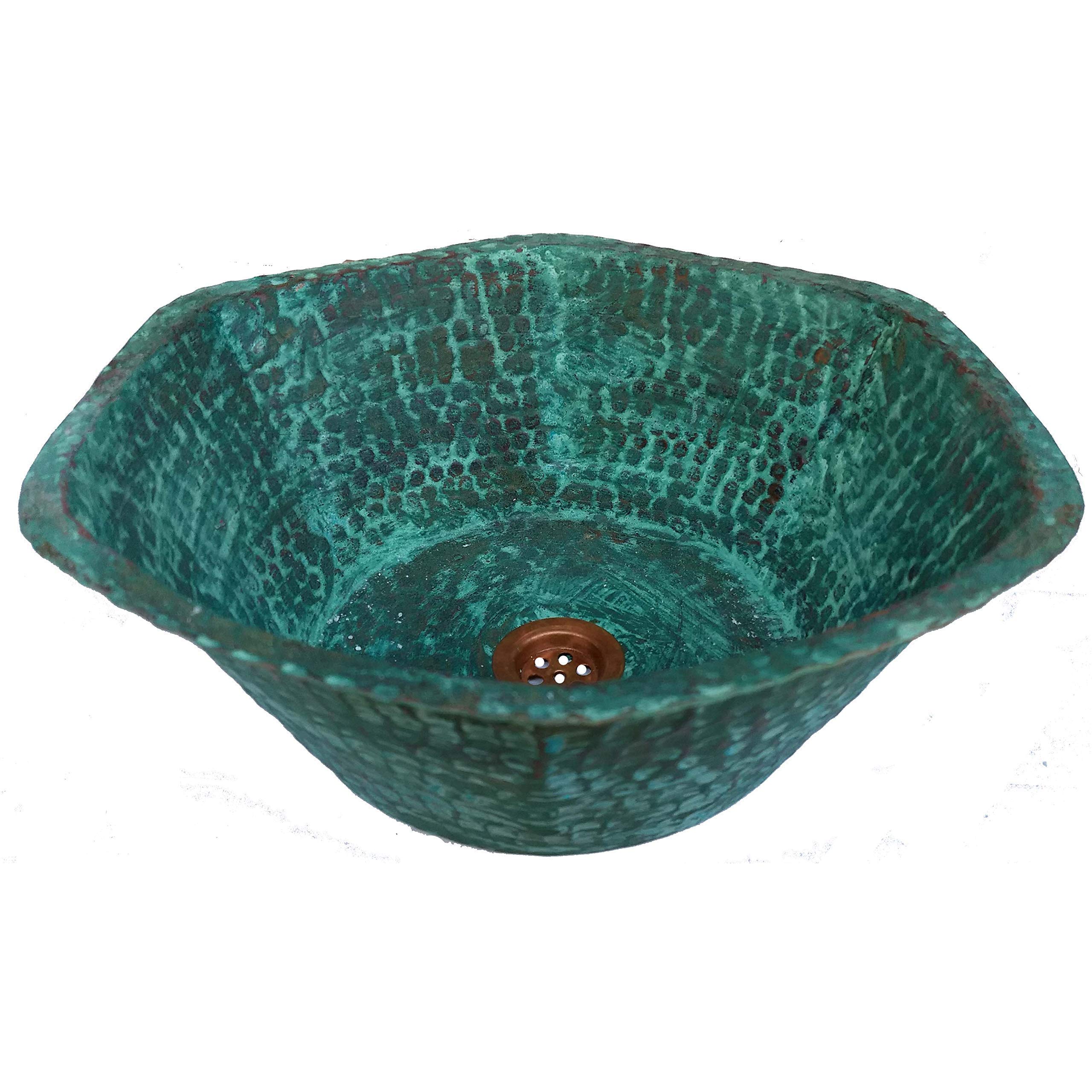 Vintage Hexagonal Copper Sink - Green Patina Aged Vessel for Bathroom & Kitchen | Handcrafted Metal Wash Basin for Rustic Home Decor | Perfect for Farmhouse Renovation, Restoration Projects & Hand Washing Station