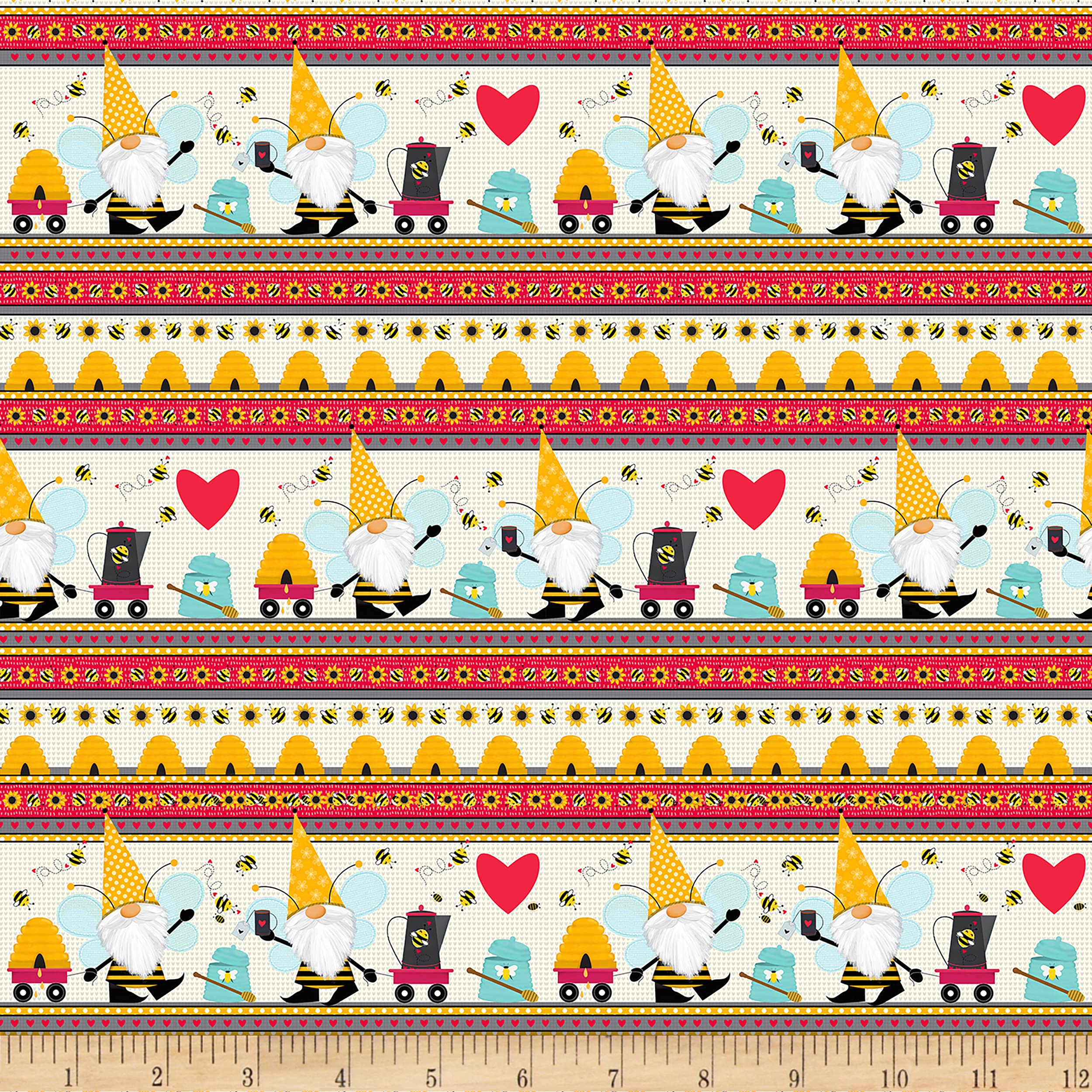 Studio E Fabrics Honey Bee Gnomes Border Stripe Fabric - Red Cotton Quilting Material by the Yard for DIY Crafts, Home Decor & Sewing Projects