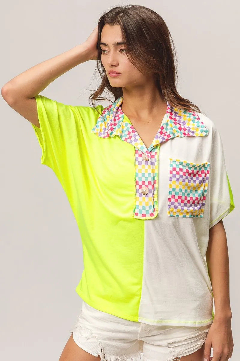 BiBi Color Block Knit Sweater with Multi Checker Contrast Design | Women's Fashion Tops for Casual Wear & Office Outfits