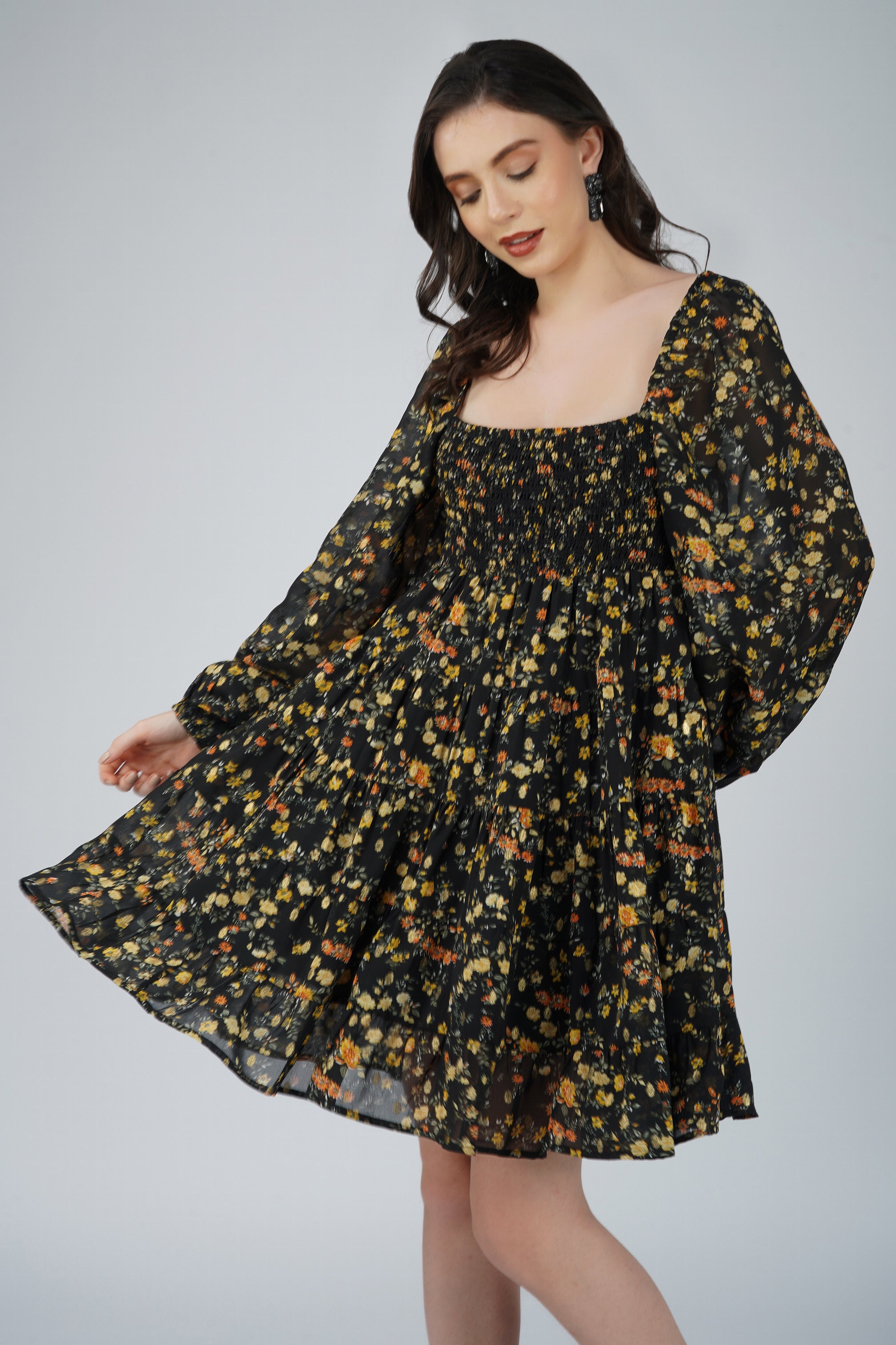 Biba Mini Dress in Black Floral Print - Elegant Flowy Summer Dress for Women, Perfect for Parties, Dates & Beach Vacations