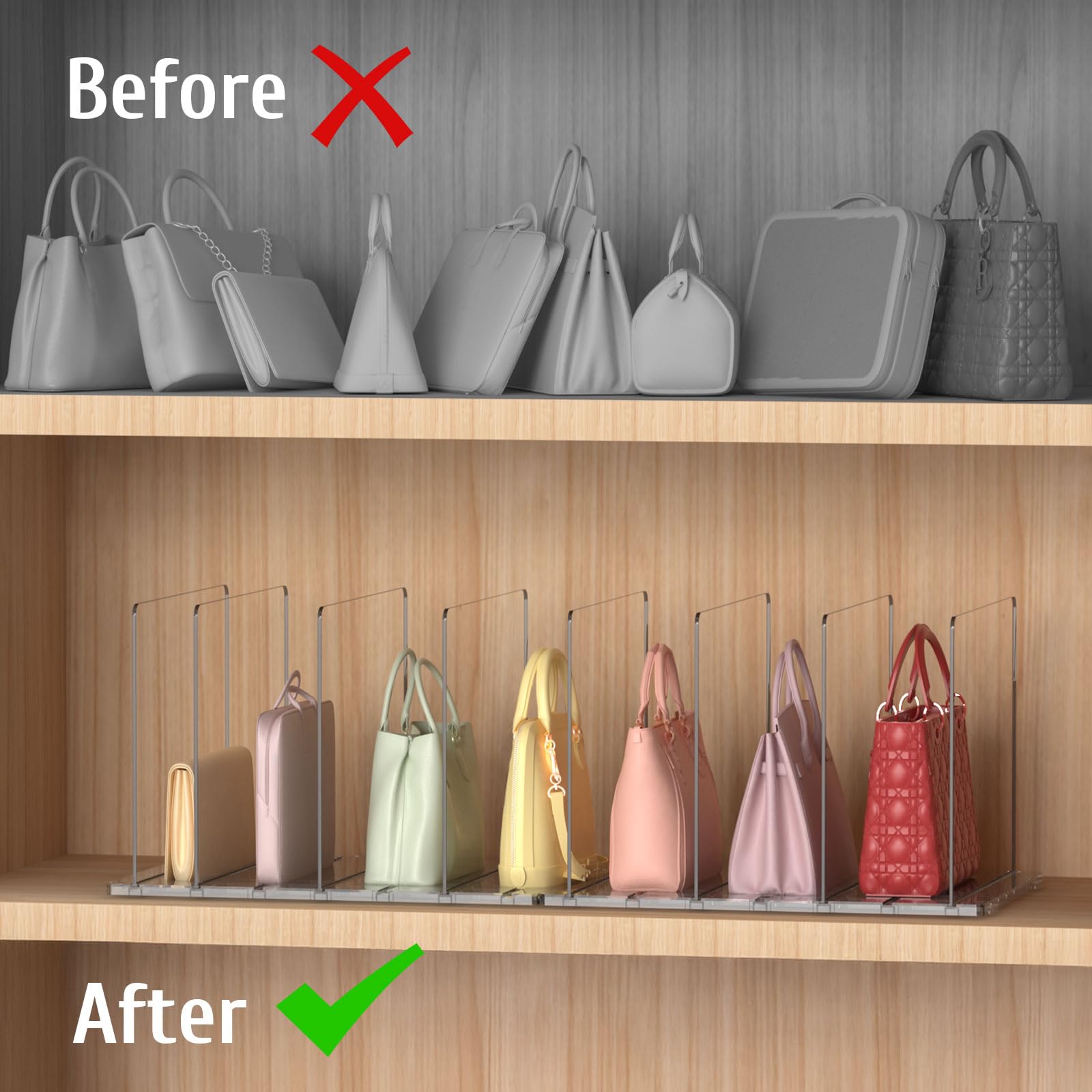 2-Pack 8-Layer Adjustable Handbag Organizer for Women - Clear Purse Organizer for Closet, Bookshelf, Office & Storage - Perfect for Home Organization & Space Saving