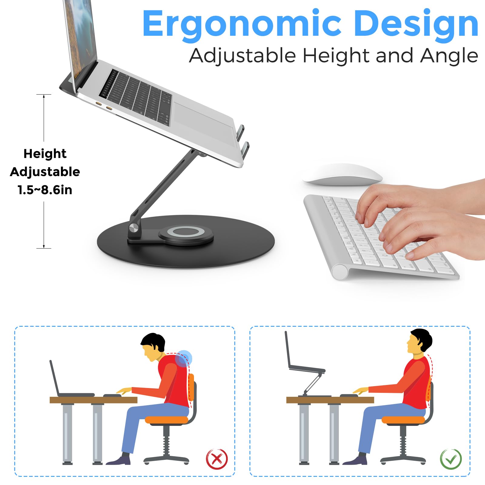 Swivel Laptop Stand for Desk - Adjustable Height, 360° Rotating Base, Foldable Ergonomic Riser, Portable Laptop Holder for MacBook & All 10-17'' Laptops, Black - Perfect for Home Office & Workspace