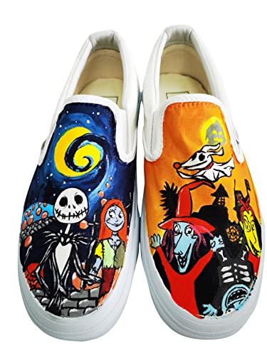 Jack and Sally Nightmare Before Christmas Hand-Painted Shoes | Custom Disney Inspired Footwear for Cosplay, Halloween, and Movie Fans