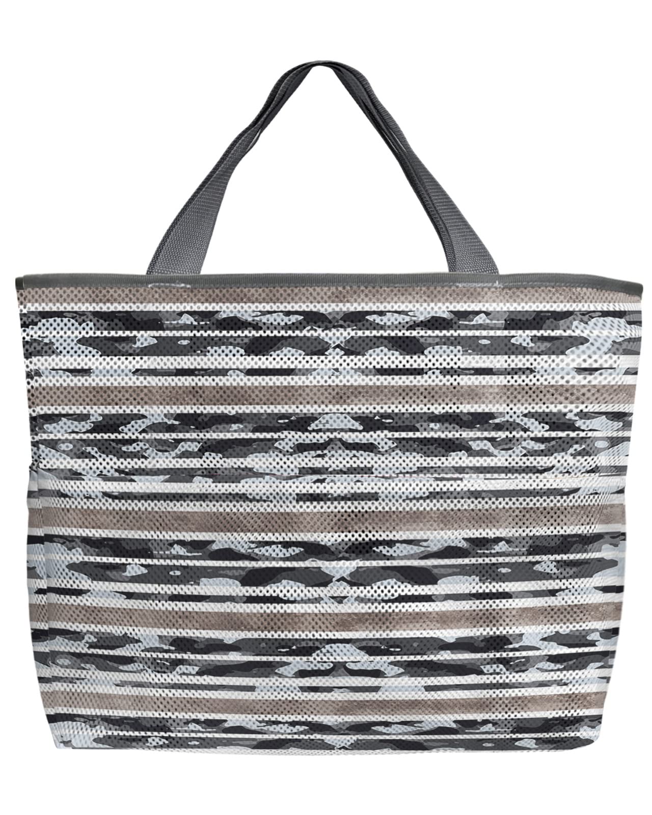 Vintage Striped Mesh Beach Tote Bag - 60L Oversized Grey Camouflage Quick-Dry Swim Bag with Pockets | Foldable Retro Texture Net Bag for Beach, Pool, Grocery Shopping & Storage (24