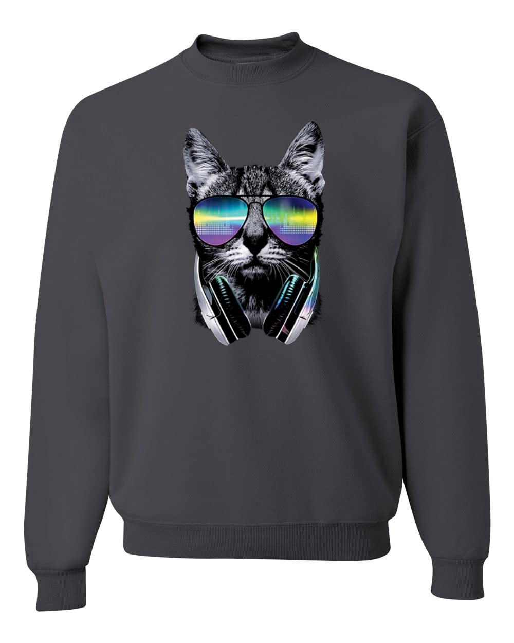 Wild Bobby DJ Kitty Cat with Headphones Graphic Sweatshirt - Cute Cat Lover Unisex Crewneck Pullover for Music & Dance Enthusiasts - Perfect for Concerts, DJ Nights & Casual Wear