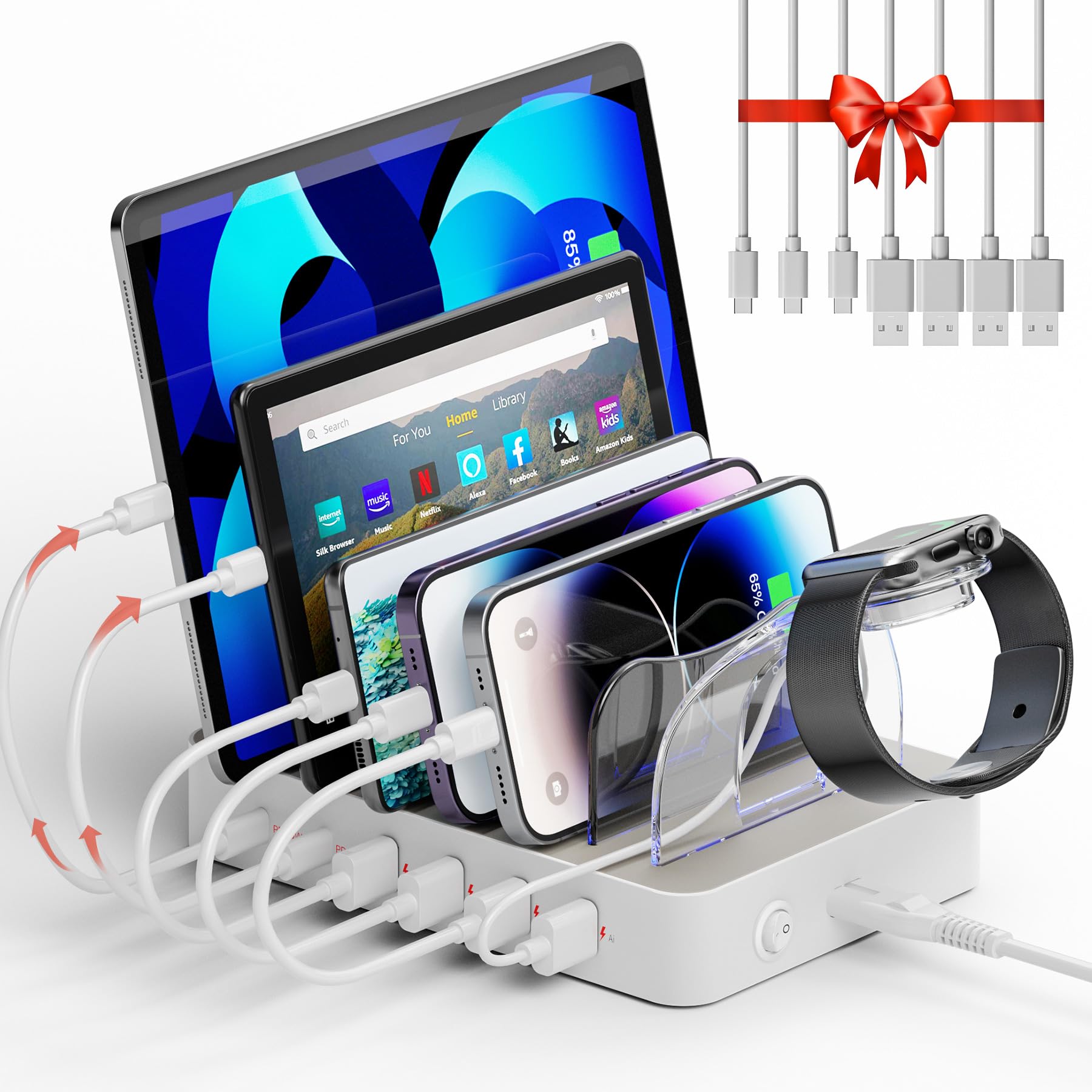 Fast 6-Port USB C Charging Dock with 2 PD 20W - Multi-Device Charger for iPhone, iPad, Samsung - Home & Office Use