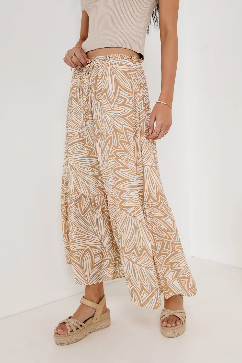 Kai Printed Skirt for Women - Khaki Flowy Midi Skirt with Elastic Waist | Perfect for Summer, Beach, Boho Outfits & Casual Wear