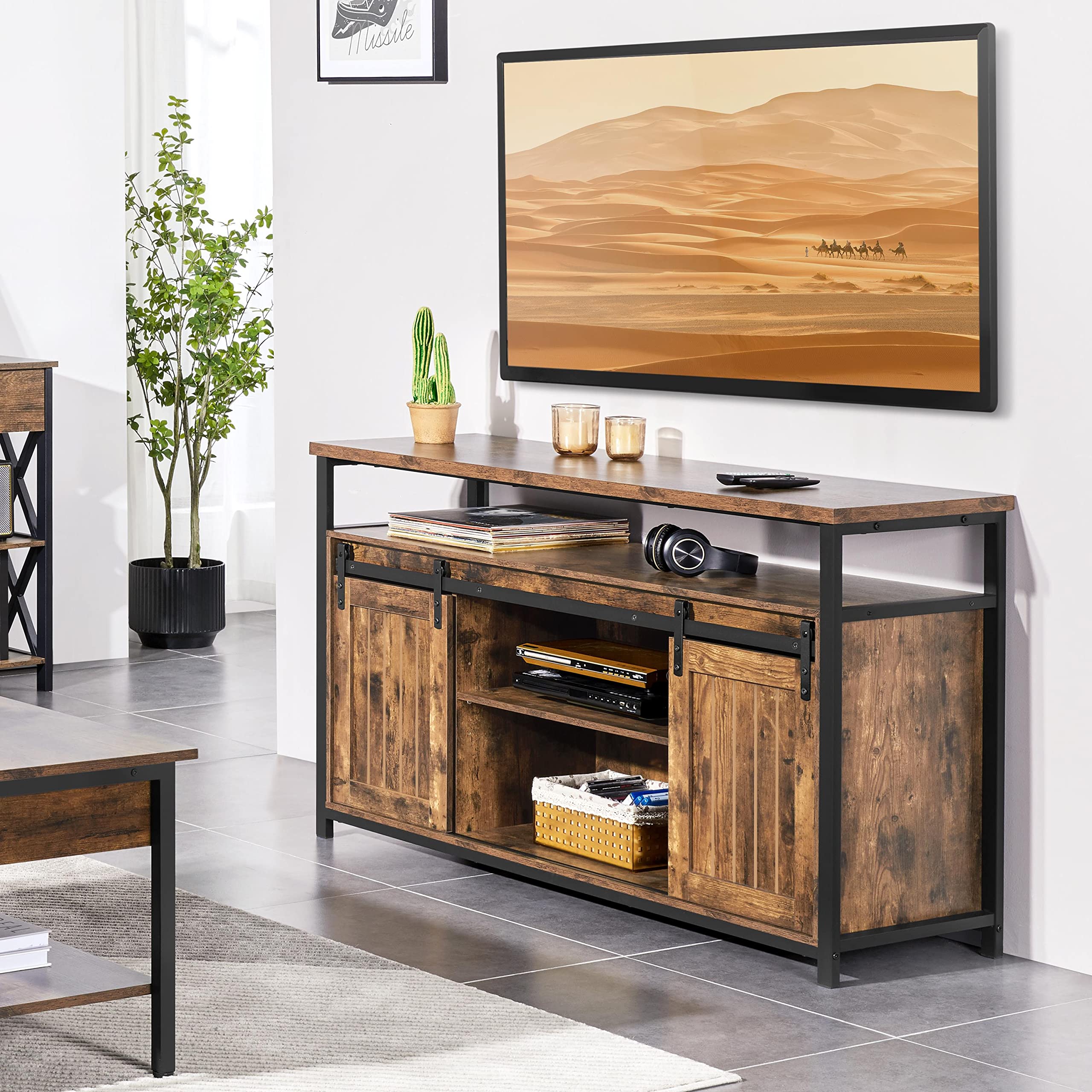 Yaheetech 65 Inch TV Stand with Sliding Barn Doors - Farmhouse Style Entertainment Center with Storage, Rustic Brown Wood TV Stand for Living Room - Perfect for Home Theater & Living Room Decor