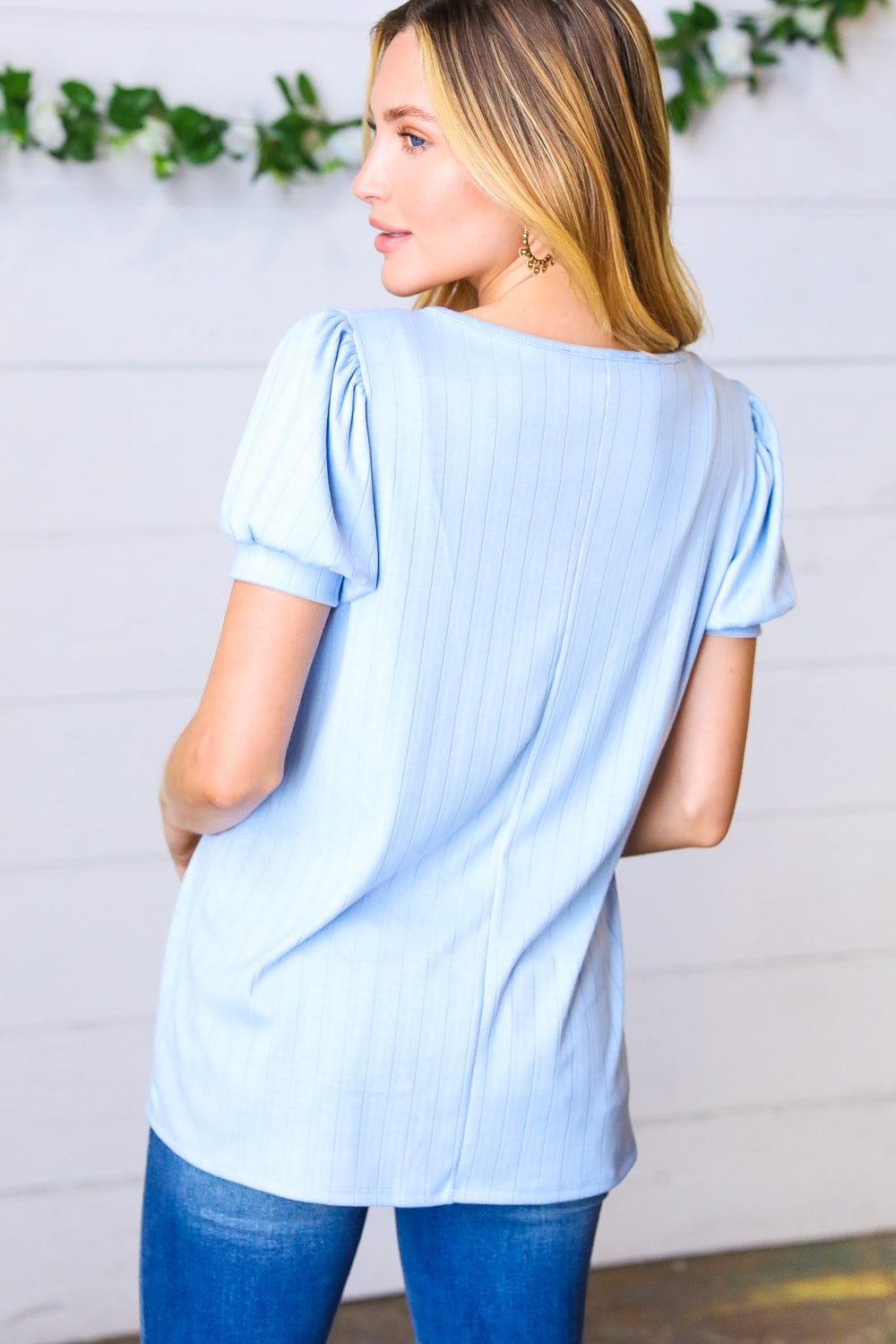 Light Blue Wide Rib Puff Sleeve Blouse for Women - Trendy Casual & Party Wear - Perfect for Dates, Office, and Summer Outfits