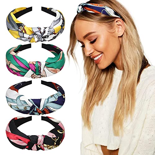4 Knot Band Bow Knot Headband - Floral Twist Turban Headband for Women | Cross Knot Wide Hair Accessories | Perfect for Yoga, Workouts, and Everyday Fashion