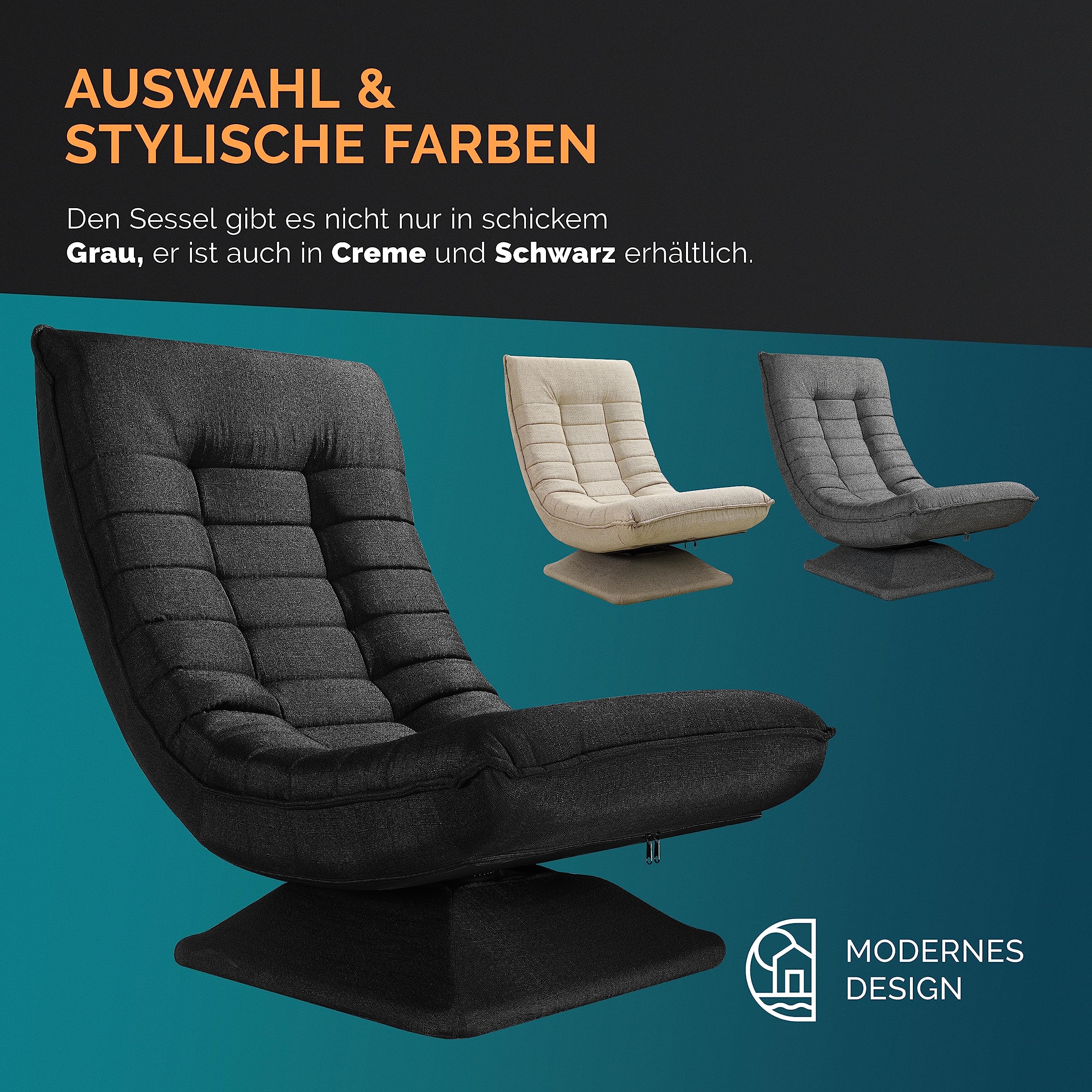 CASARIA® Adjustable Backrest 360° Swivel Floor Chair - Foldable, Black Upholstered, Supports up to 150kg (60x105x87cm) - Perfect for Living Room, Bedroom, Gaming & Meditation