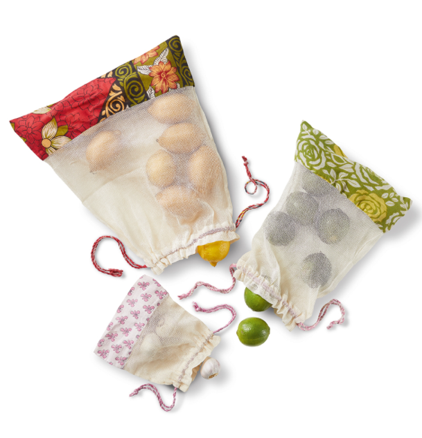 Eco-Friendly Recycled Sari Produce Bags Set - 3 Pack Reusable Mesh Grocery Bags for Farmers Market, Shopping & Zero Waste Lifestyle
