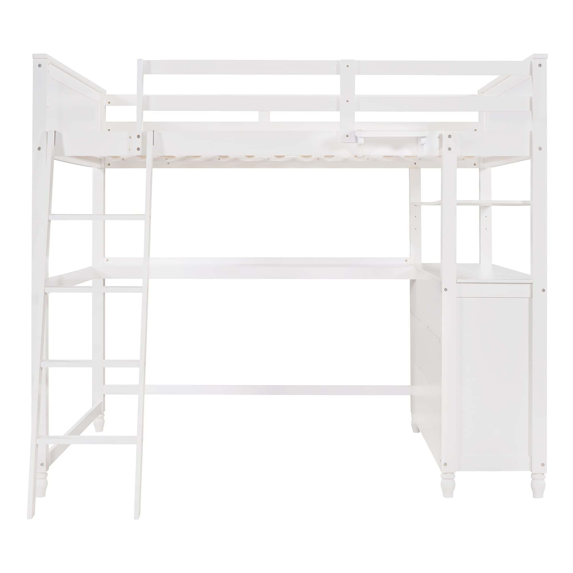 Full Size Wooden Loft Bed Frame with 6 Storage Drawers, Shelves, Desk & Safety Ladder - Sturdy Kids Bedroom Furniture for Small Spaces - Perfect for Teens, College Dorms & Tiny Homes (White)