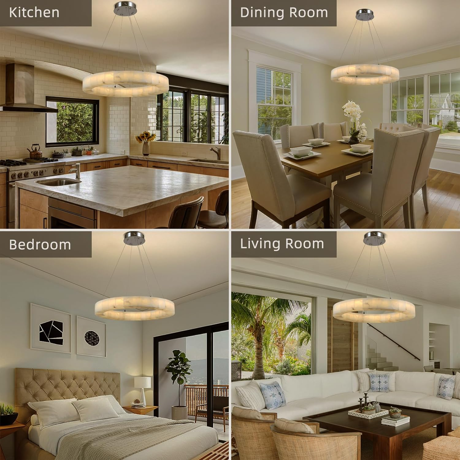 Modern Alabaster Halo Round Chandelier - 31/40/60 Inch - Elegant Ceiling Light Fixture for Dining Room, Bedroom & Living Room