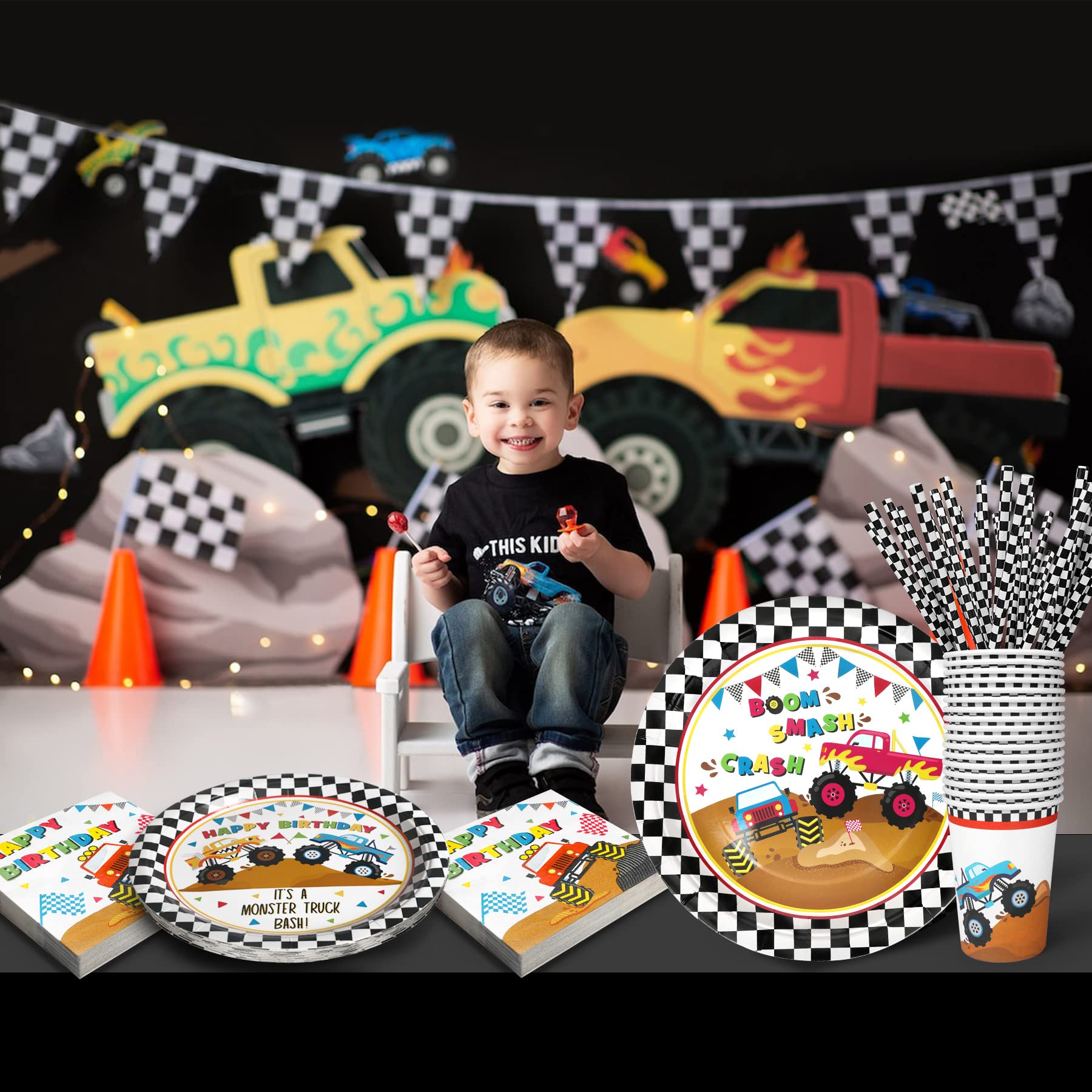Monster Truck Party Supplies Decorations - 120 Pcs Kids Birthday Party Set with Paper Plates, Napkins, Cups & Straws for 24 Guests | Disposable Dinnerware for Dessert & Snacks | Perfect for Monster Truck Themed Birthday Parties & Kids Events