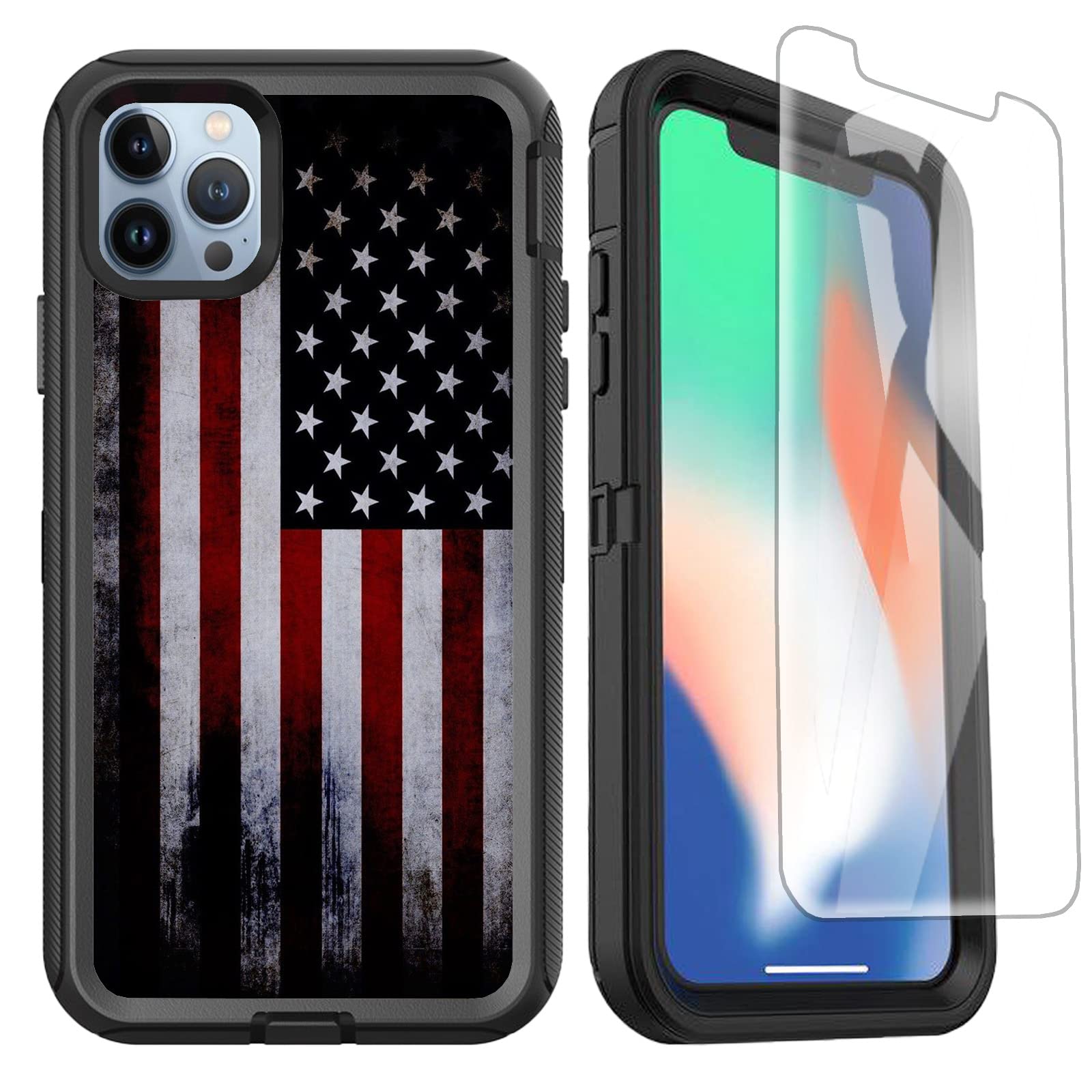 Shockproof iPhone 13 Pro Max Case with Screen Protector | Heavy Duty Protective Cover for Men & Boys | Patriotic Old American Flag Design | 6.7 Inch | Perfect for Outdoor Activities, Travel & Daily Protection