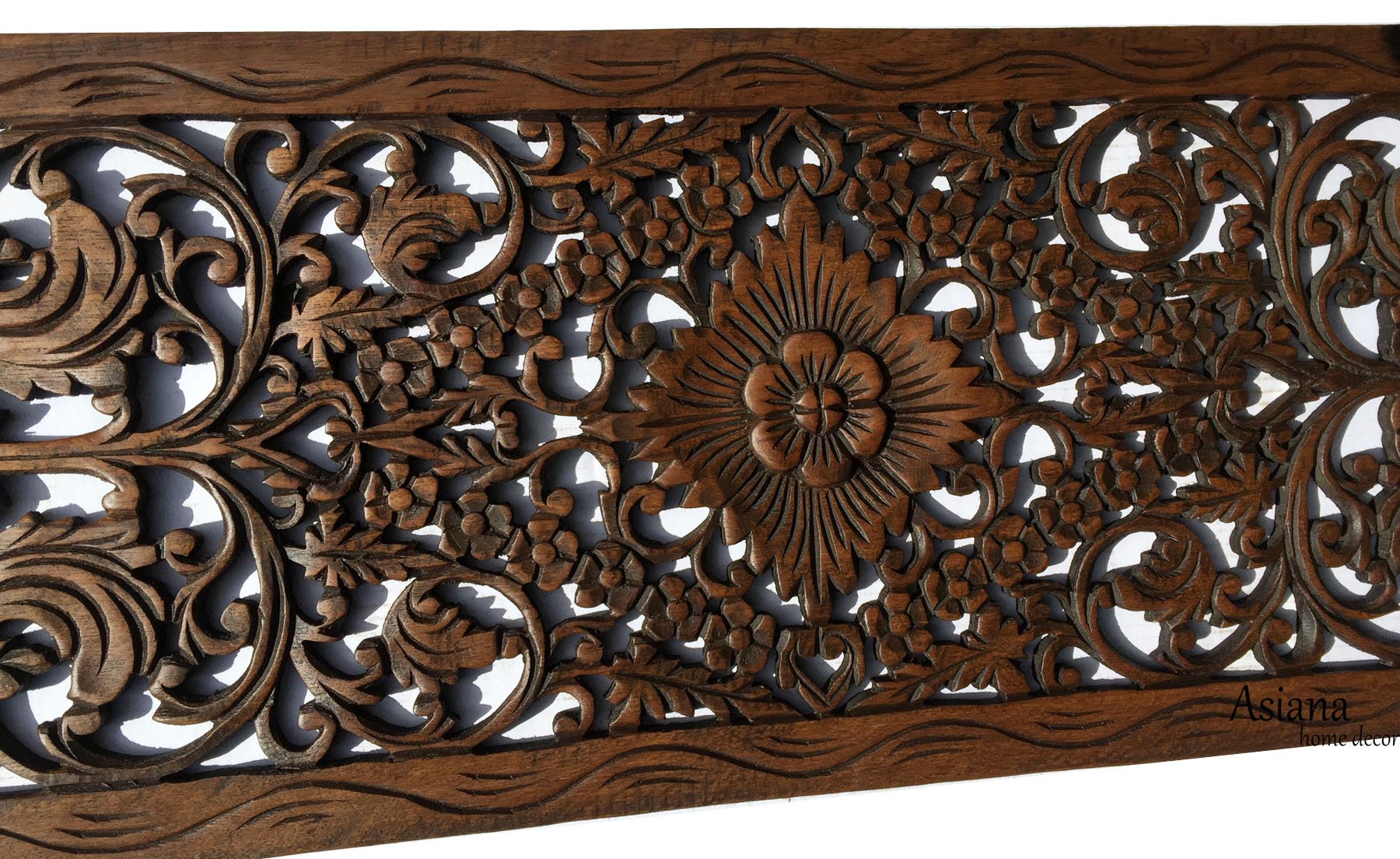 Hand Carved Wood Wall Panel - Floral Decor 35.5x13.5 Inches for Home & Office