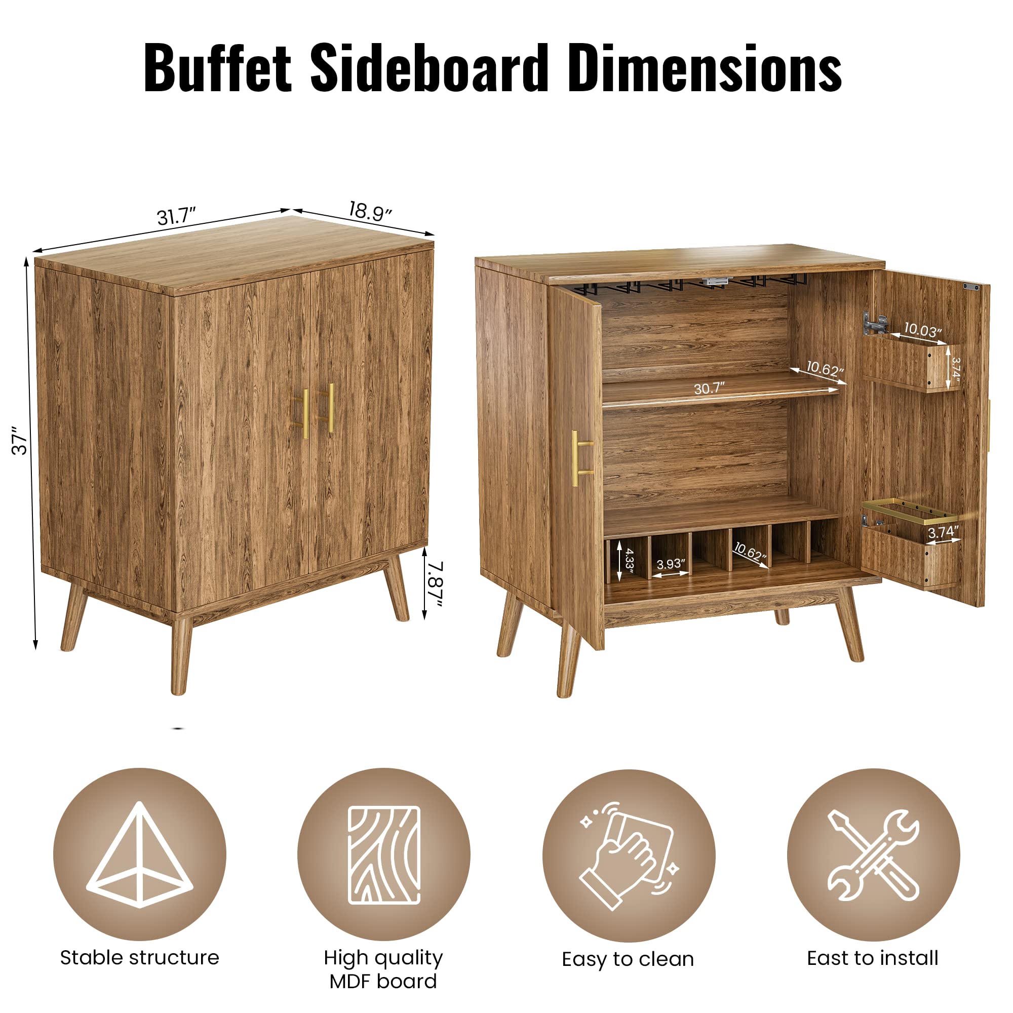 AWQM Sideboard Buffet Cabinet with Double Doors - Wine Bar Storage Cabinet with Wine Rack & Glass Holder - Modern Brown Sideboard for Dining Room, Living Room, Kitchen - Perfect for Home Bar, Wine Storage & Display