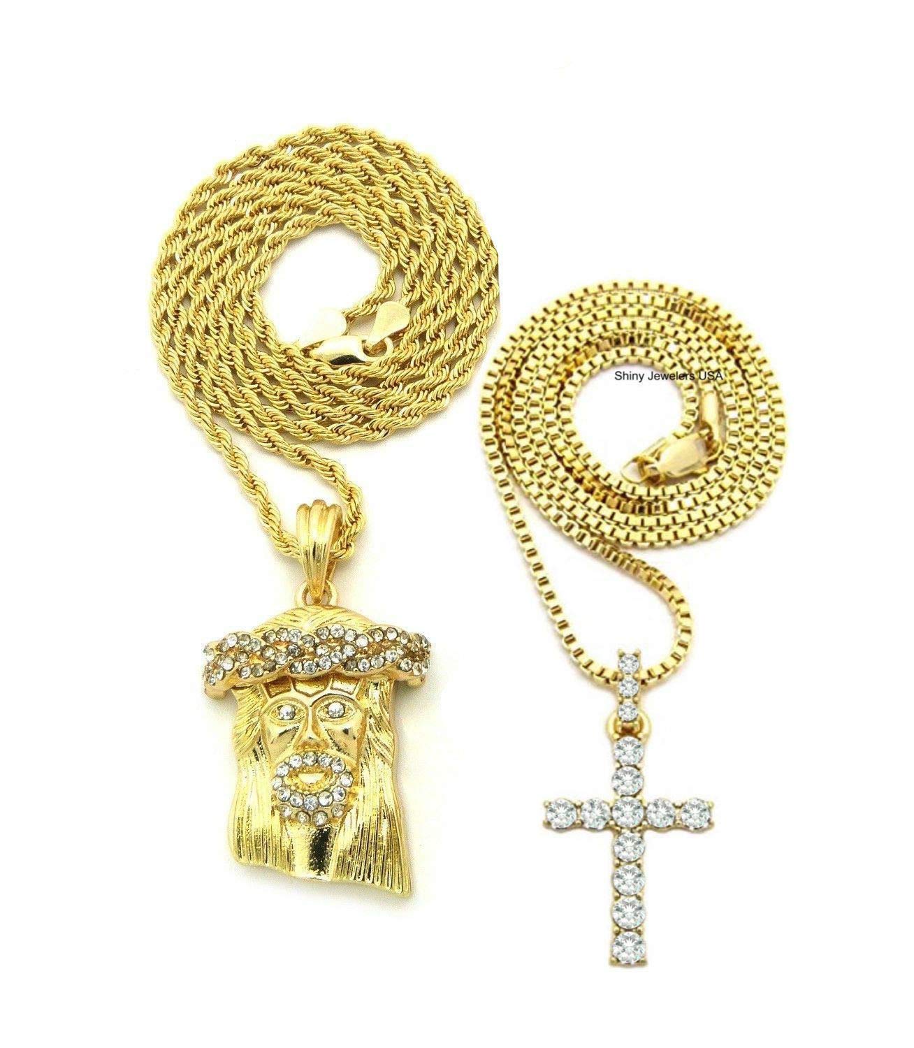 ICED Out Gold Jesus & GOD Micro Cross Pendant Necklace Set - 2PCS Hip Hop Box Chain Rope for Men | Perfect for Gifts, Streetwear & Religious Jewelry