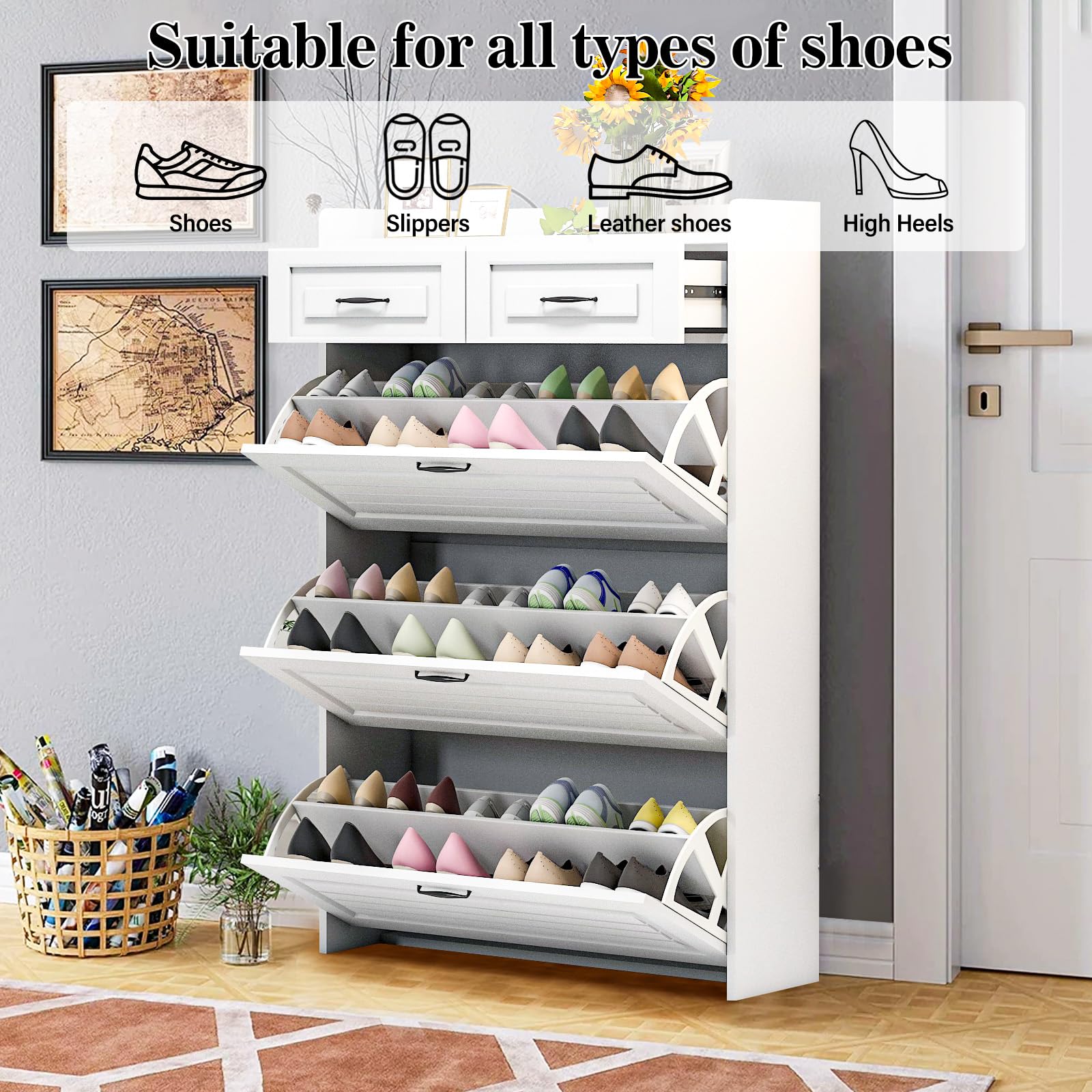 WIIS' IDEA Hidden Shoe Cabinet for Entryway - 3 Door & 2 Drawer Narrow Shoe Storage Organizer, White Flip Down Shoe Rack with 4 Tiers - Space Saving Wooden Shoe Cabinet for Living Room, Hallway, Apartment Entry - Perfect for Small Spaces & Home Organization