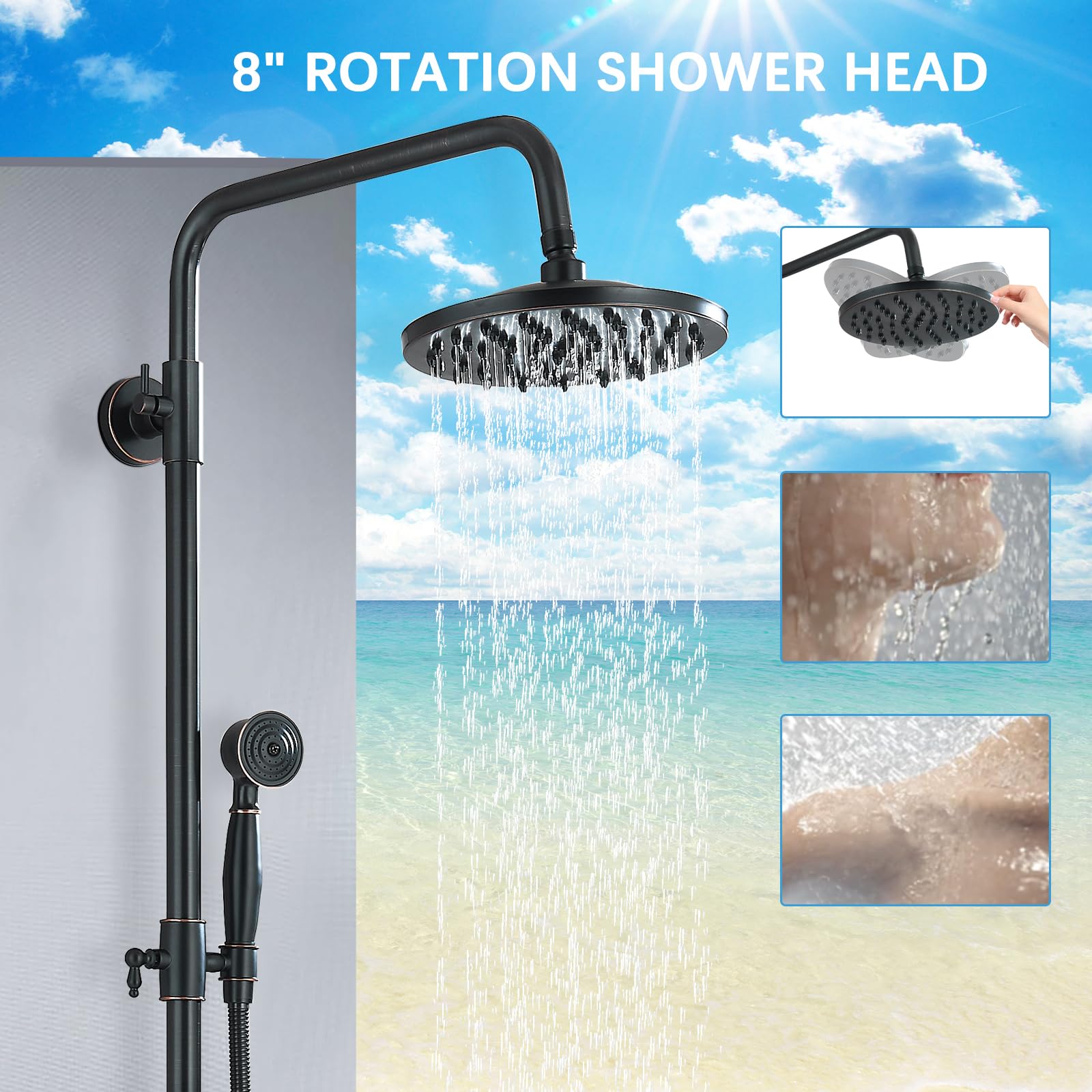 Oil Rubbed Bronze Rain Shower System - 8 Inch Rainfall Shower Head & Handheld Spray - Wall Mounted Solid Brass Faucet Set with 2 Cross Handles - Perfect for Outdoor & Bathroom Showers, Spa-Like Relaxation Experience