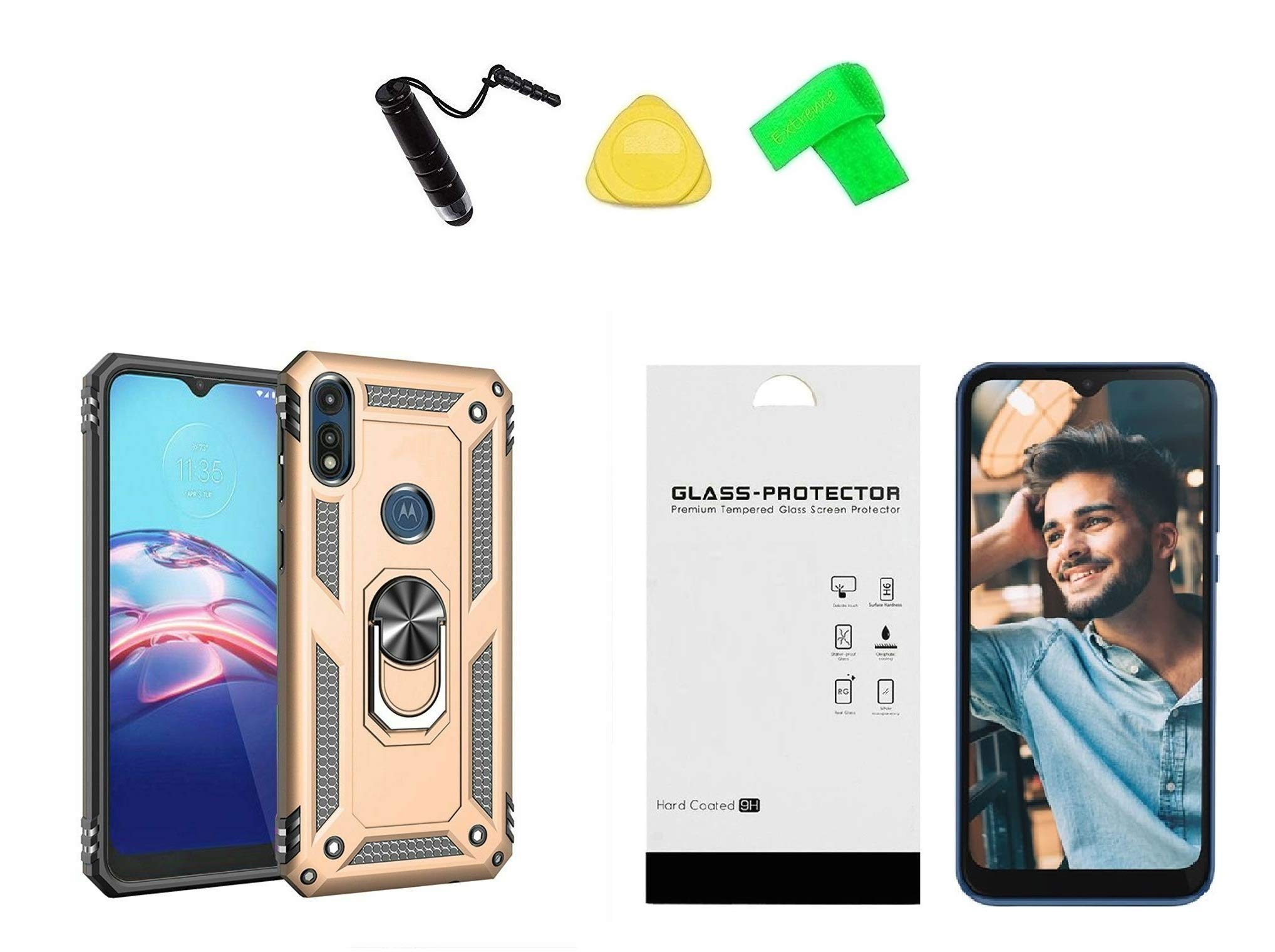 Magnetic Ring Stand Case for Moto E7 & E (2020) XT2052DL with Screen Protector - Perfect for Work & Travel