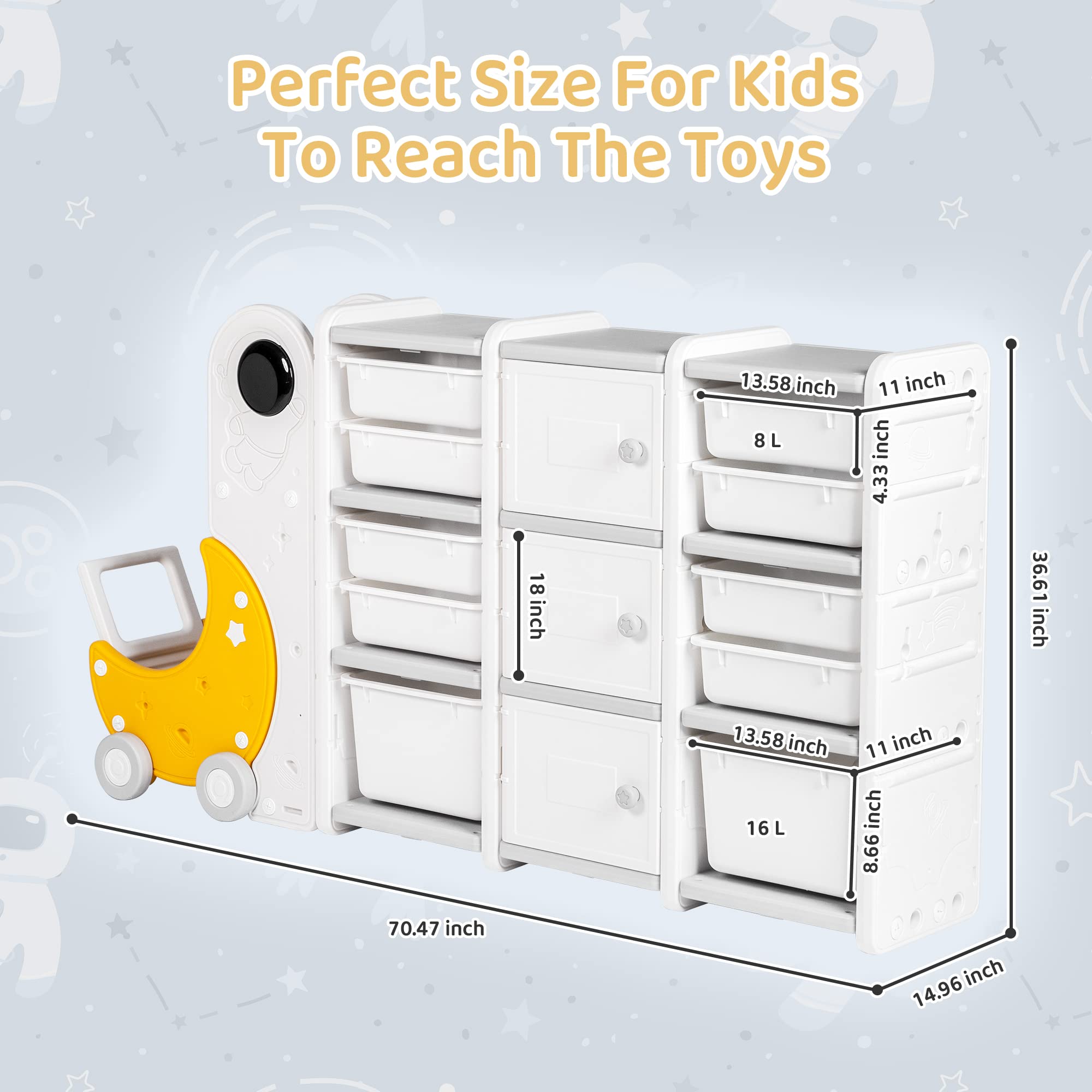 Duke Baby Kids 3-Layer Toy Storage Organizer with 10 Bins, 3 Cabinets with Doors & Bookshelves - Toy Cart for Playroom & Bedroom Organization (Ages 1-12) - Perfect for Kids' Room, Nursery, and Daycare Storage Solutions