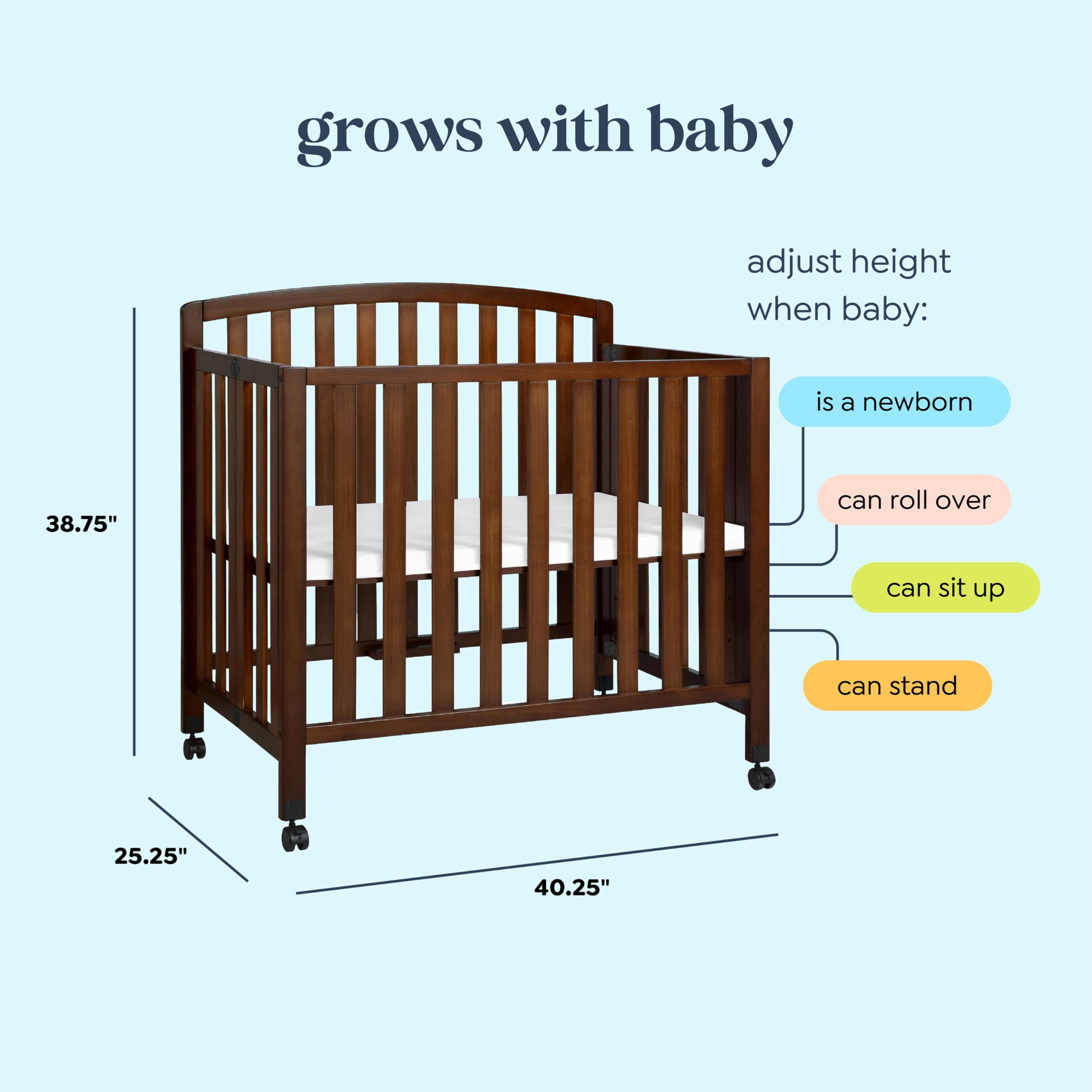 DaVinci Dylan 3-in-1 Portable Baby Crib with Wheels - Convertible Toddler Bed & Daybed - GREENGUARD Gold Certified Safe Nursery Furniture - 4 Adjustable Mattress Heights - Compact Design for Small Spaces - Easy Assembly - Espresso Finish - Ideal for Nursery, Bedroom, or Travel Use