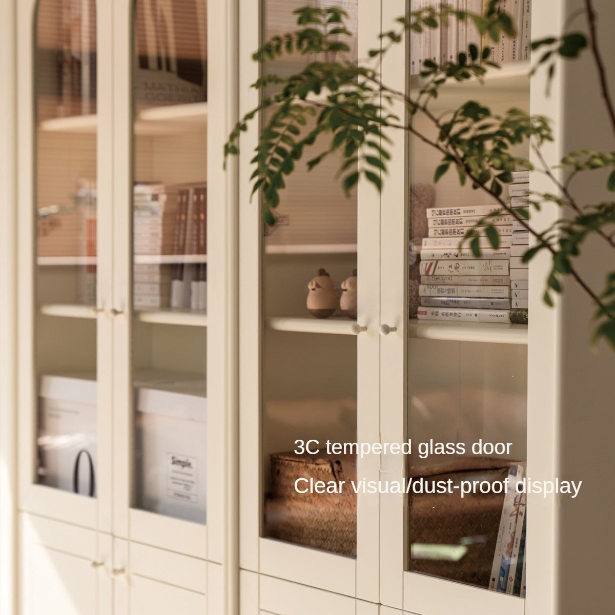 French Cream Style Poplar Solid Wood Bookcase with Glass Door - Whole Wall Combination for Living Room, Office & Library Storage