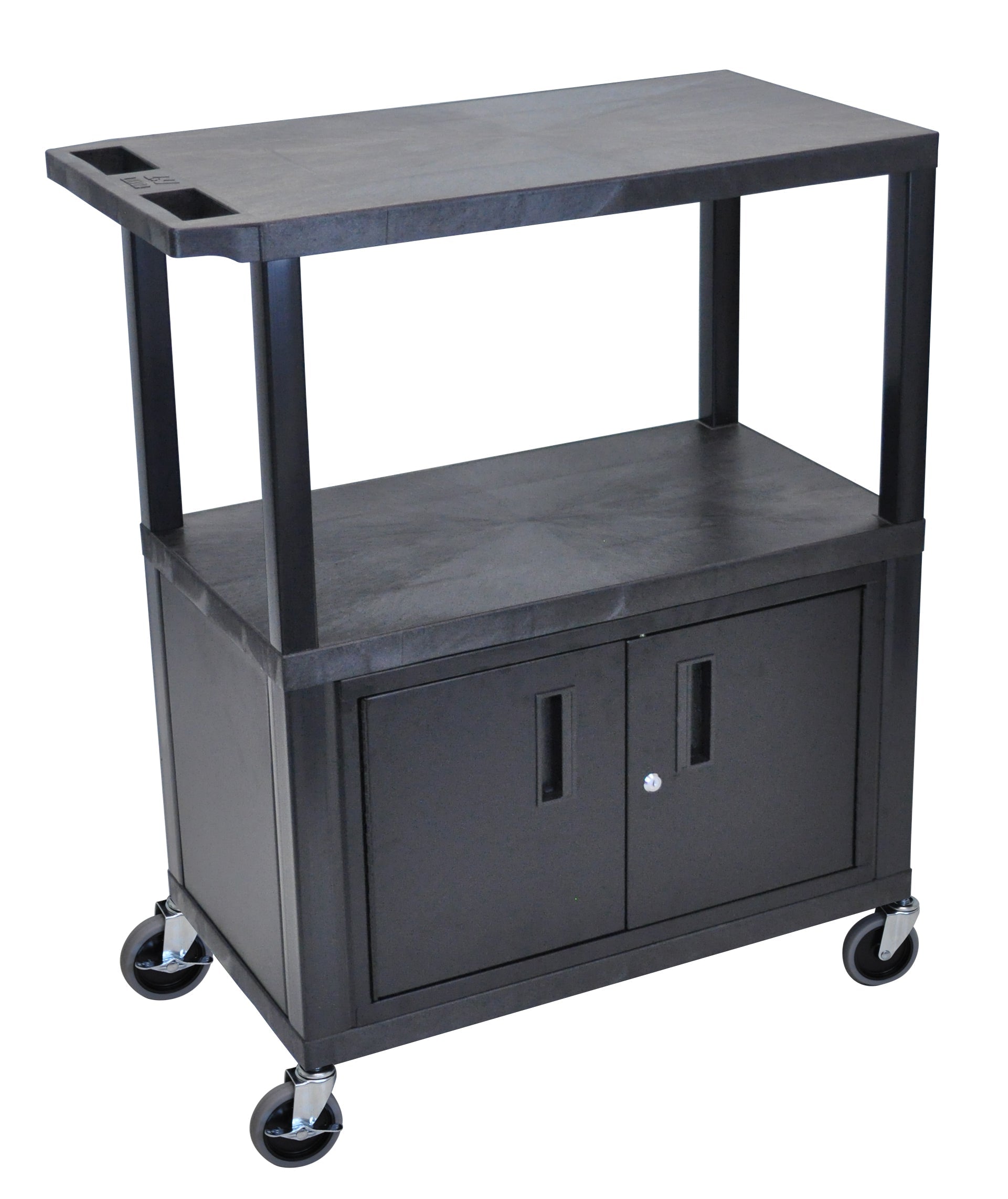 Luxor Black EC38C B 18x32 Rolling Utility Cart with 3 Adjustable Shelves & Storage Cabinet - Perfect for Kitchen, Office, or Workshop Organization