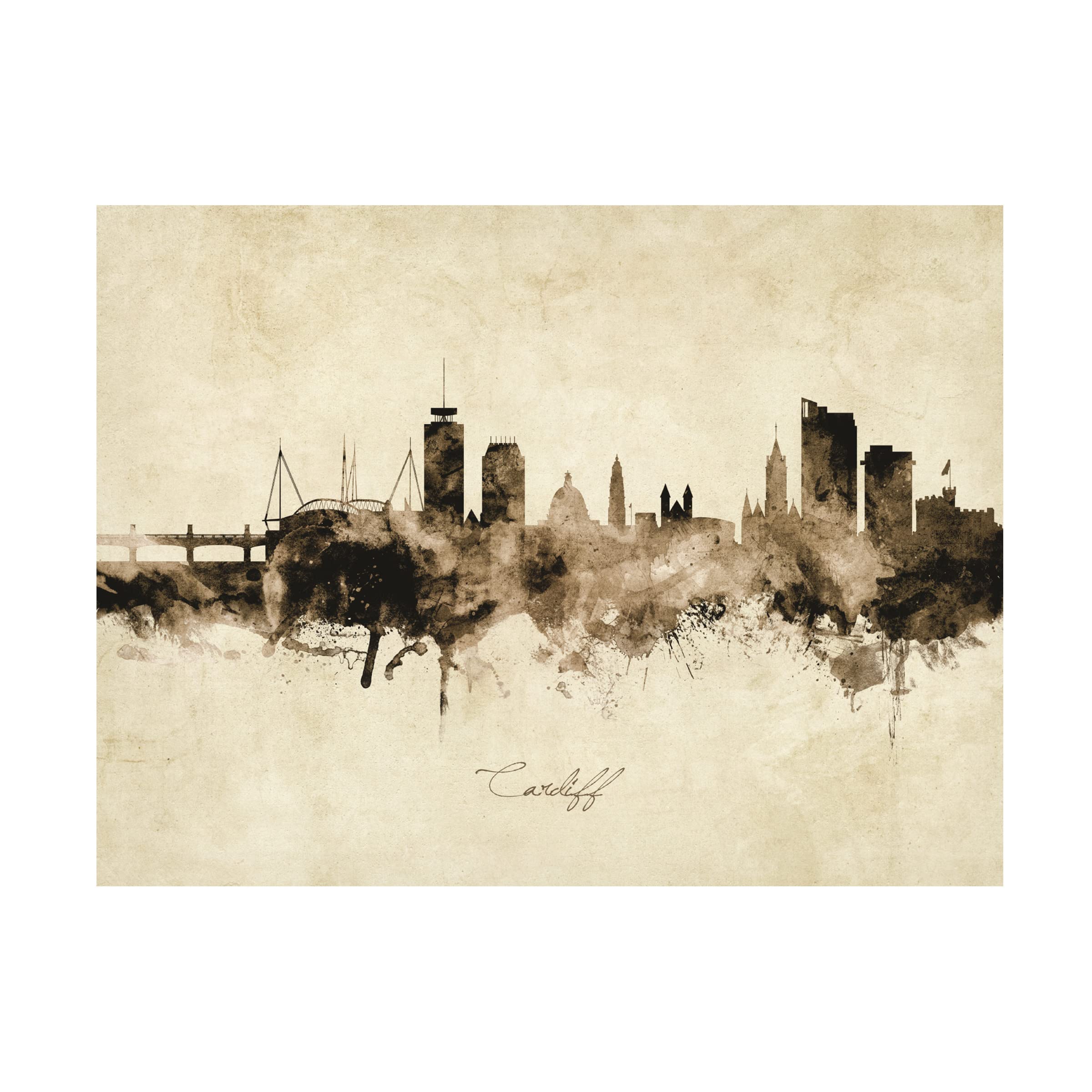 Michael Tompsett 'Cardiff Wales Skyline Vintage' Canvas Art Print - Premium Wall Decor for Living Room, Bedroom & Office