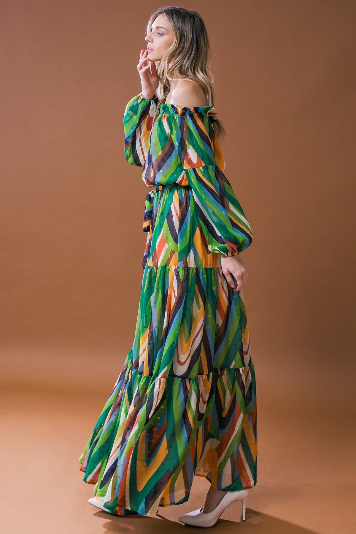 Free Spirit Green & Navy Long Sleeve Maxi Dress - Elegant Boho Style for Women, Perfect for Beach Vacations, Date Nights & Summer Festivals