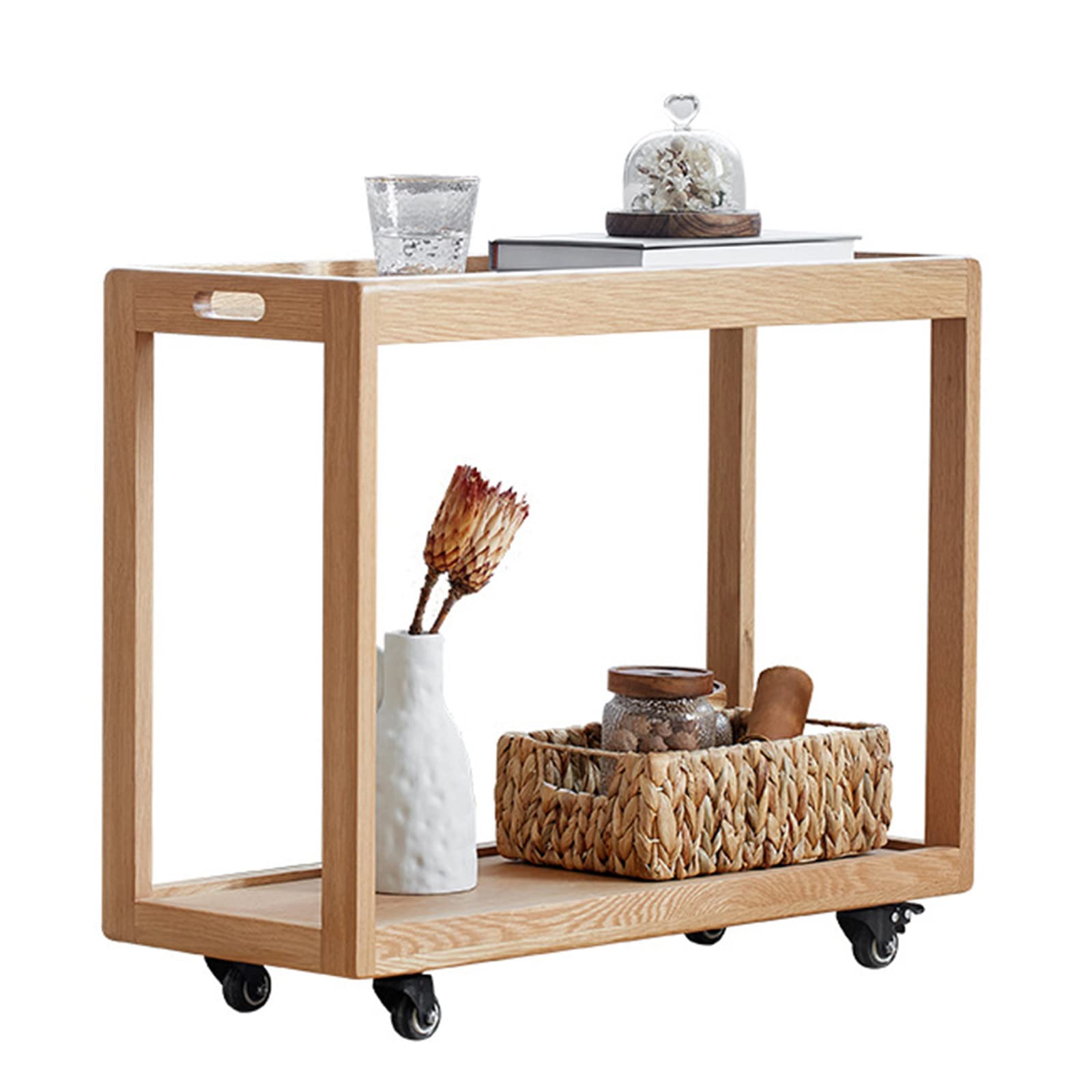2-Tier Rolling Side Table with Glass Tray - Modern Oak Wood Coffee Table with Wheels, Mobile Snack Tray & Storage Shelf (22.1