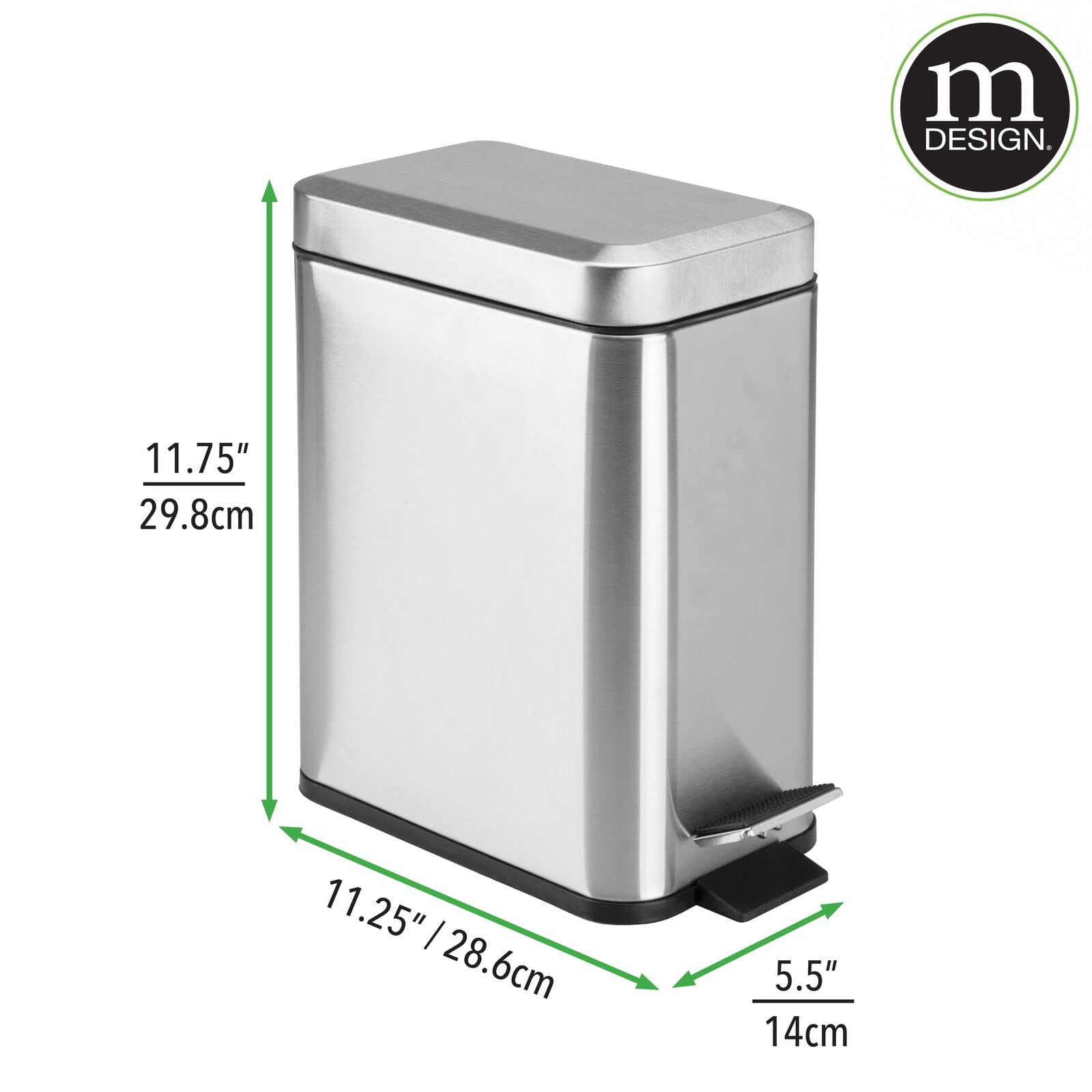 mDesign Rectangular Step-Open Wastebasket Trash Can - Brushed Stainless Steel Garbage Bin for Kitchen, Bathroom, Office & Home Use
