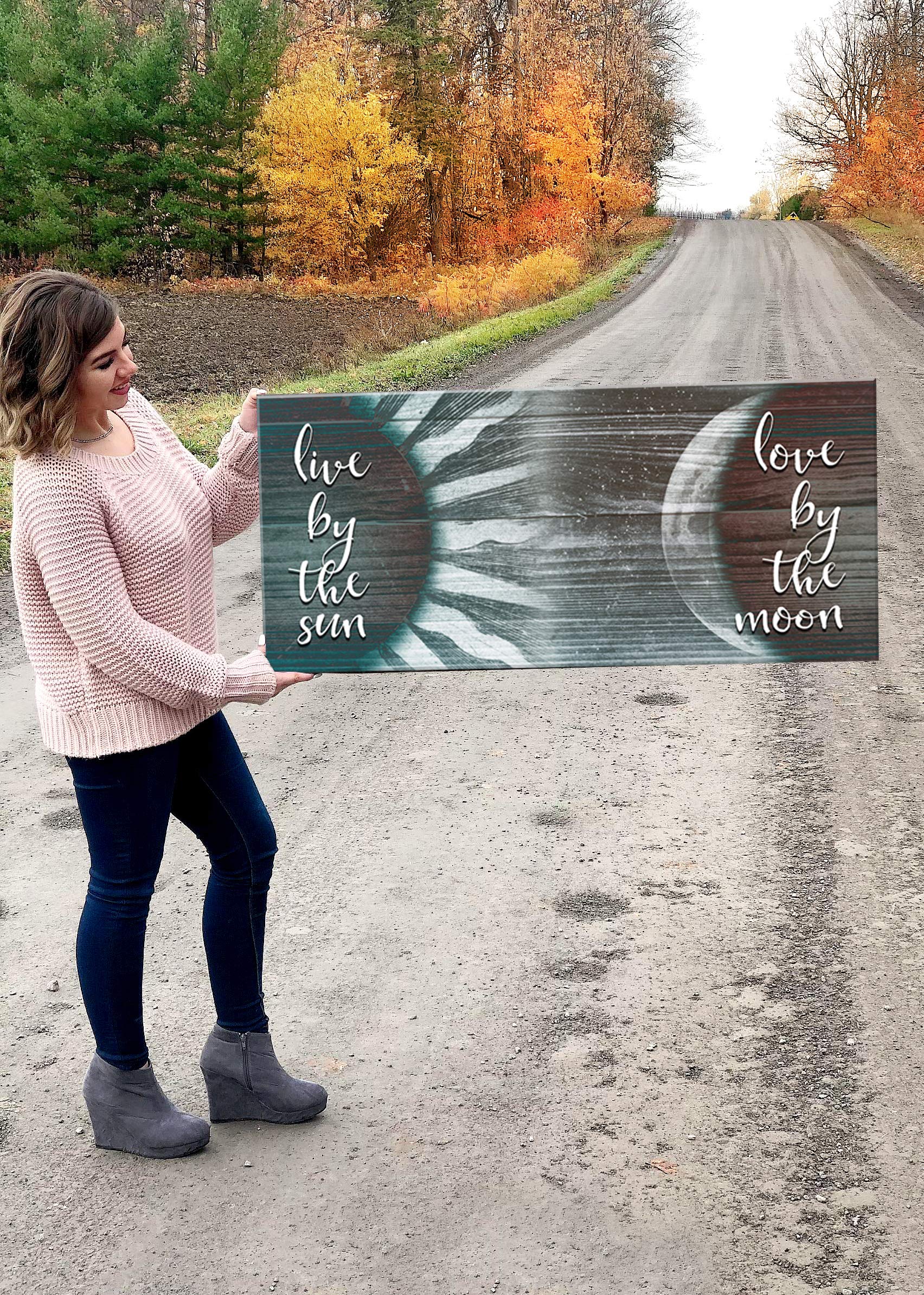 Live By The Sun Love By The Moon Framed Wall Art Canvas - Earth Tone Couples Bedroom Decor (42x19 Inch) | Romantic Home Decor for Bedroom, Living Room & Wedding Gifts