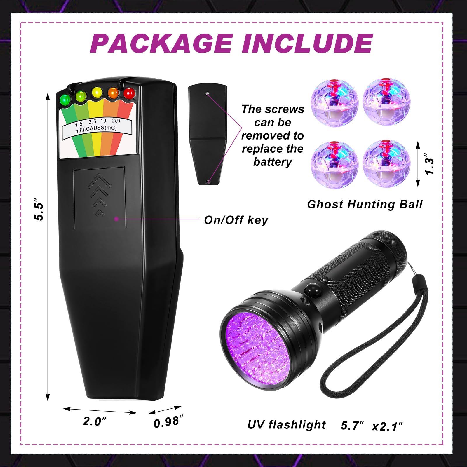 6-Piece Ghost Hunting Kit with EMF Meter, UV Flashlight & 4 LED Cat Balls - Professional Paranormal Investigation Equipment for Home, Office & Field Research - Perfect Gift for Ghost Hunters (Strong Light)