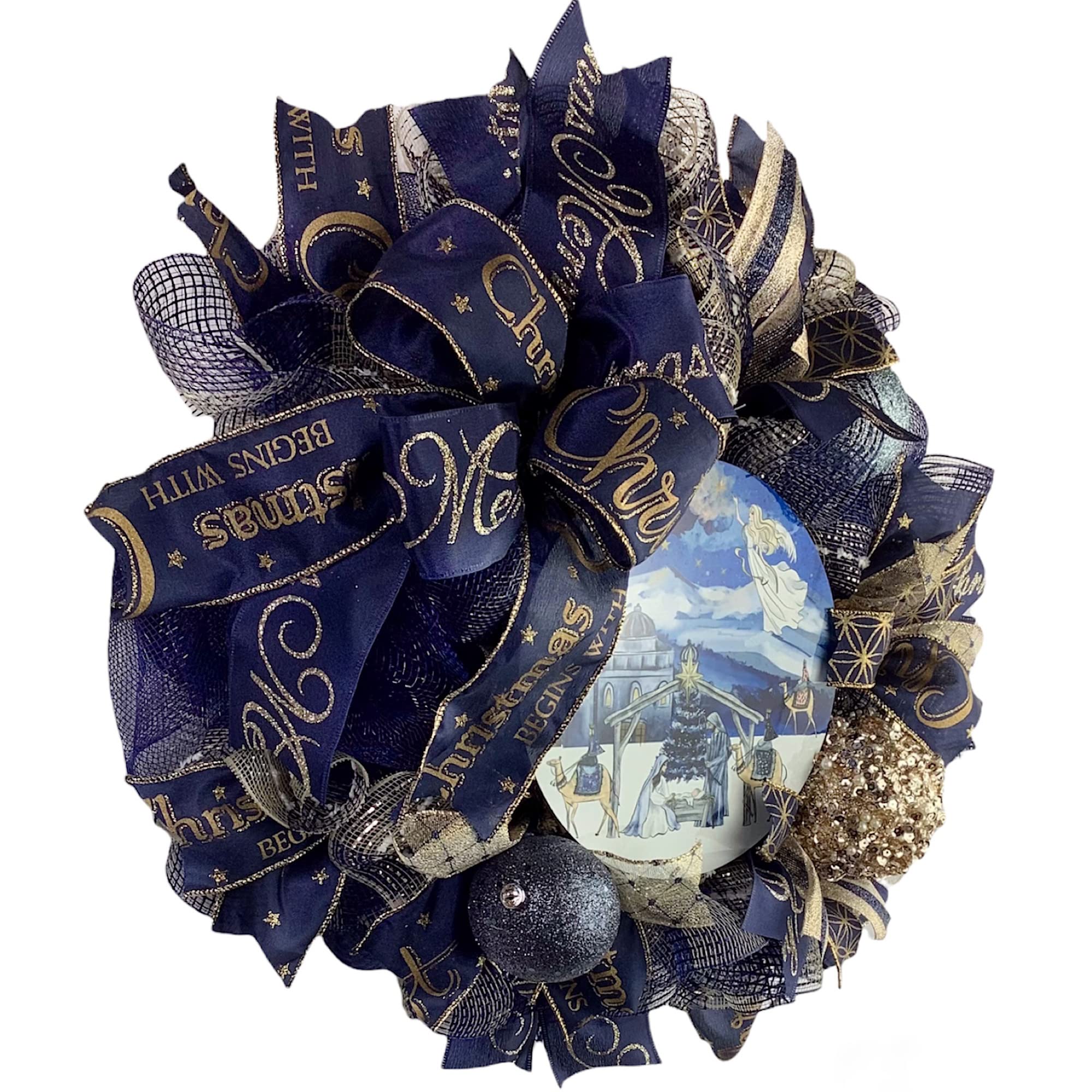 Nativity Christmas Wreath with Baby Jesus in Manger - Elegant Navy Blue & Gold Ball Ornaments and Bow - Perfect for Front Door Decor, Holiday Mantel, and Church Christmas Displays