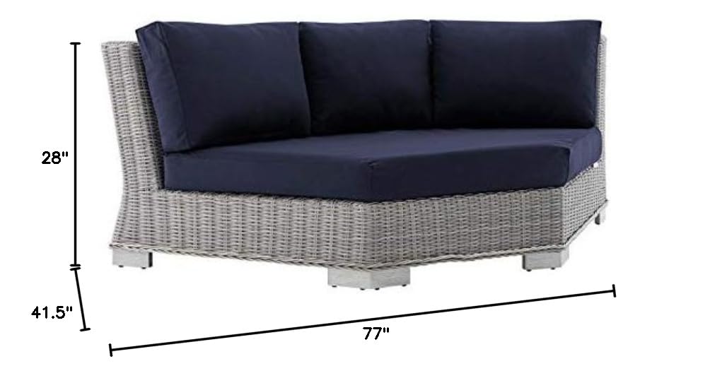 Modway Conway Sunbrella Outdoor Patio Wicker Rattan Round Corner Chair - Light Gray Navy - Weather-Resistant Lounge Chair for Poolside, Garden & Backyard Relaxation