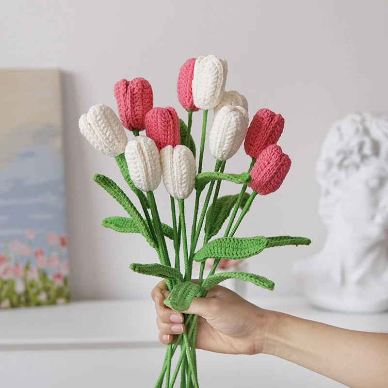Handmade Crochet Tulip Flowers Bouquet - DIY Home Decor, Wedding Centerpiece, Spring Gift Idea for Mother's Day & Easter